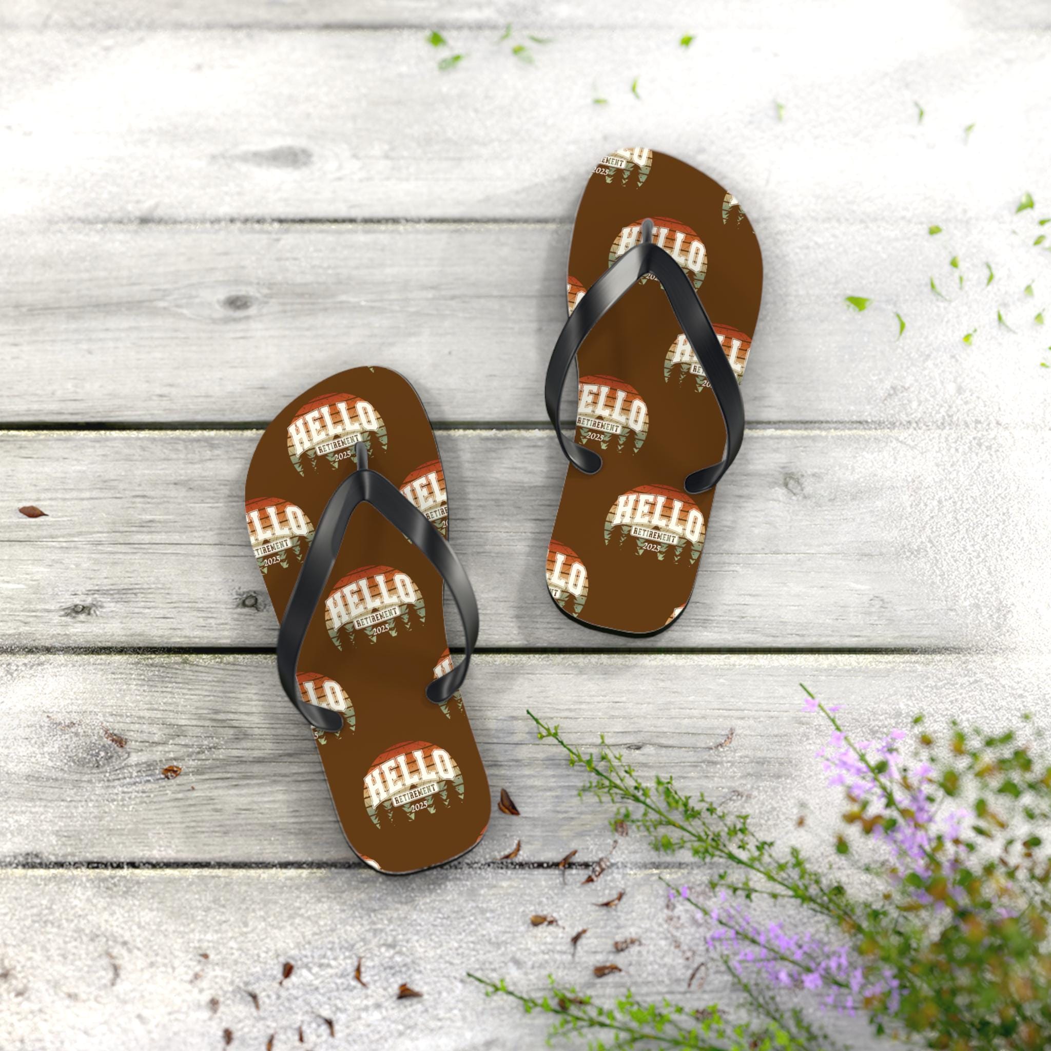 Retiree Flip Flops, Retirement gift, Hello Retirement 2025 flip flops with Sunset and Forrest scene,flip flops for retiree, gift for retiree