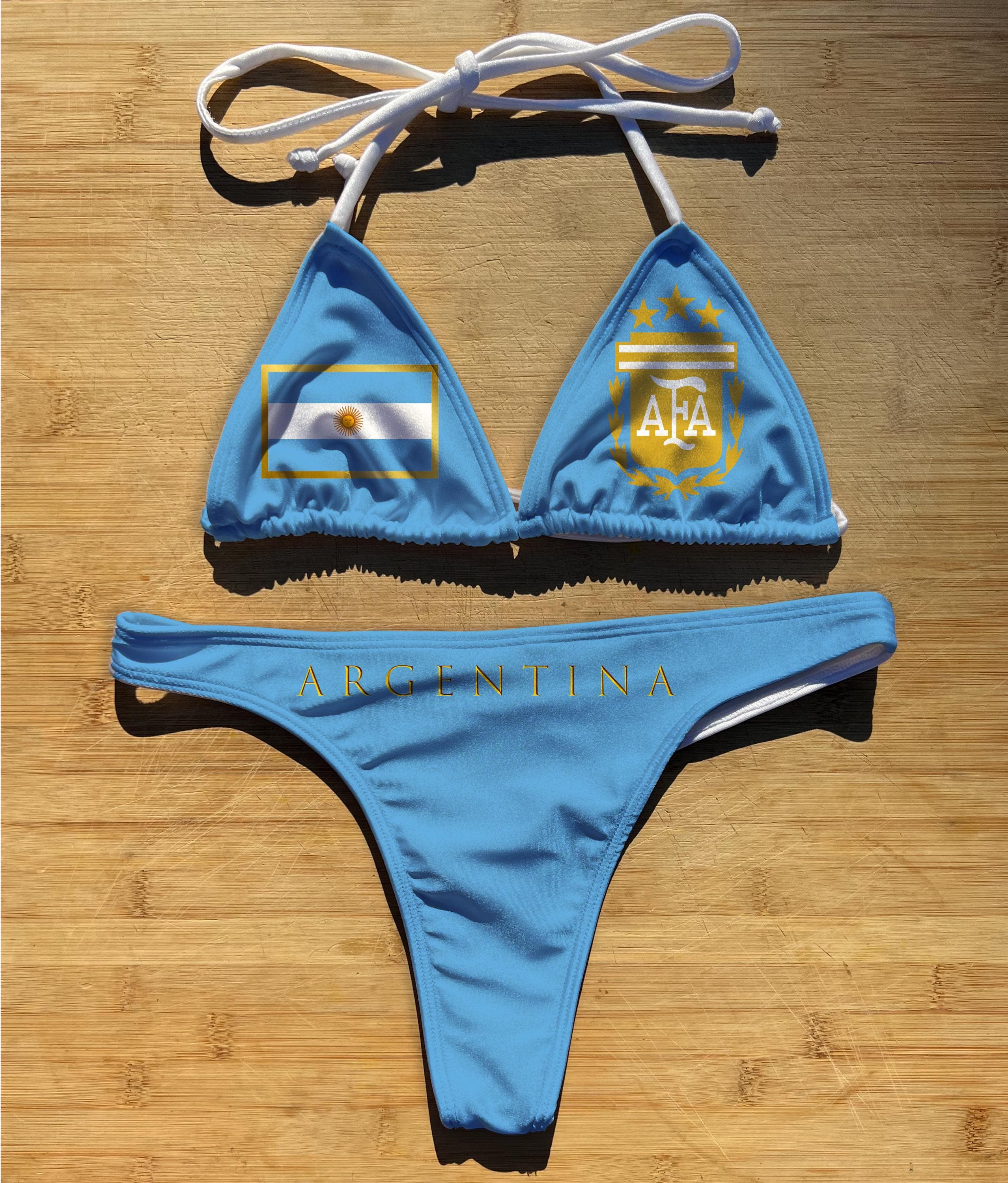 Swimwear Bikini 2 Piece Set | Argentina Football | Thong Cheeky Full Coverage | Triangle String Tie Top Bathing Suit | Messi Futbol AFA