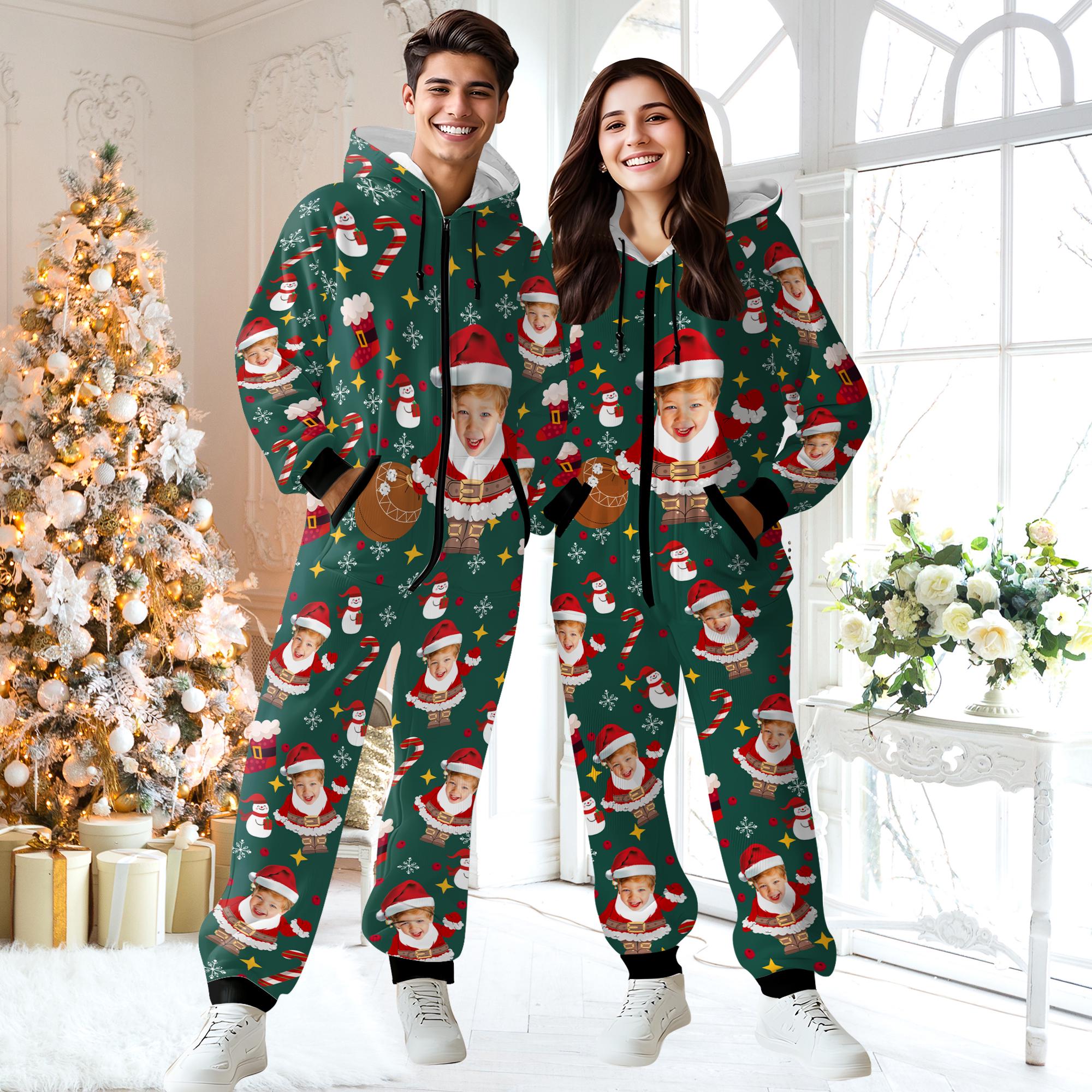 Custom Onesie Pajamas,Personalized Face Photo Flannel Fleece Pajamas,Christmas Pajamas,Hooded Onesie Jumpsuits,Christmas Gifts for Dad