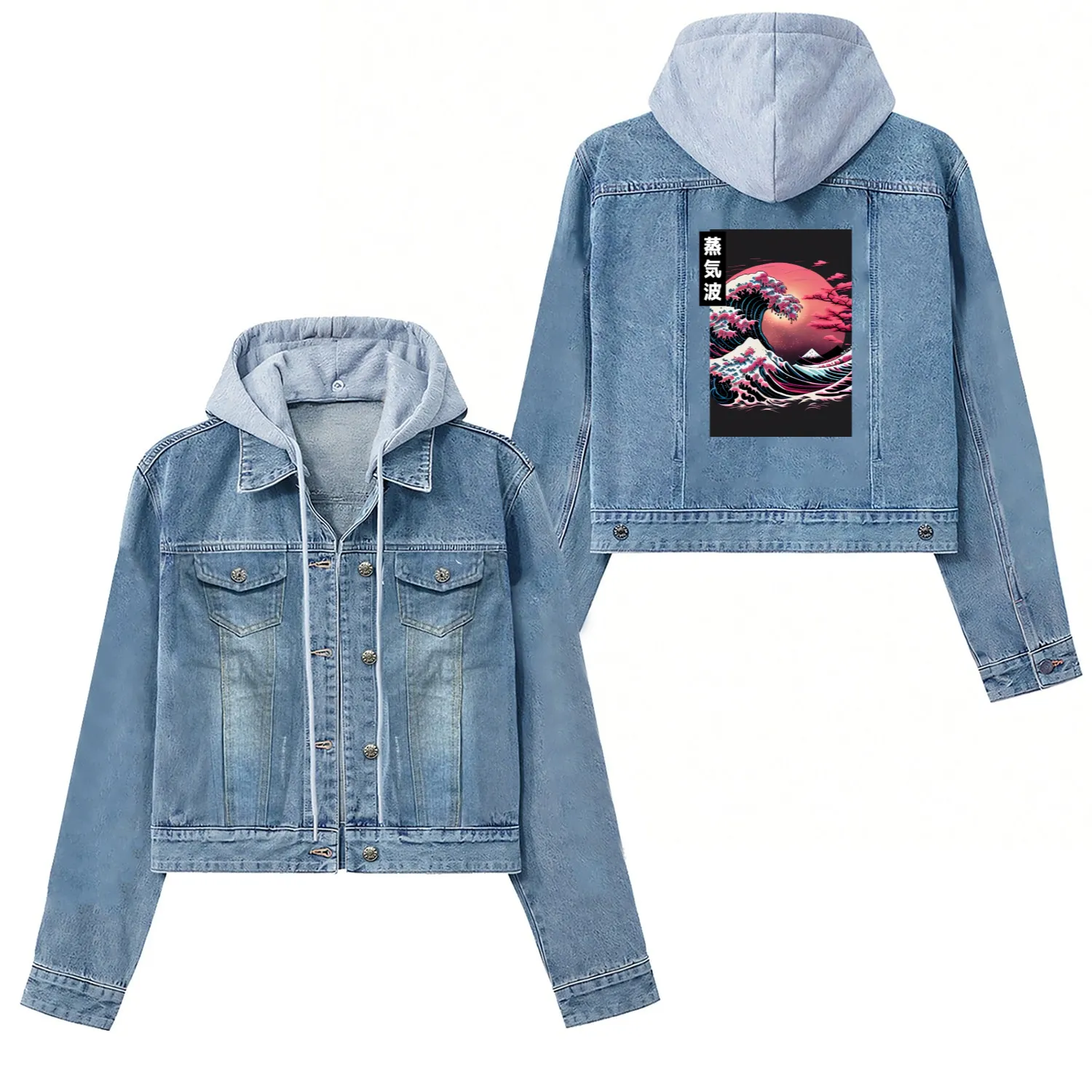 Japanese Art Great Wave Kanagawa Retrowave Style Women's Denim Jackets
