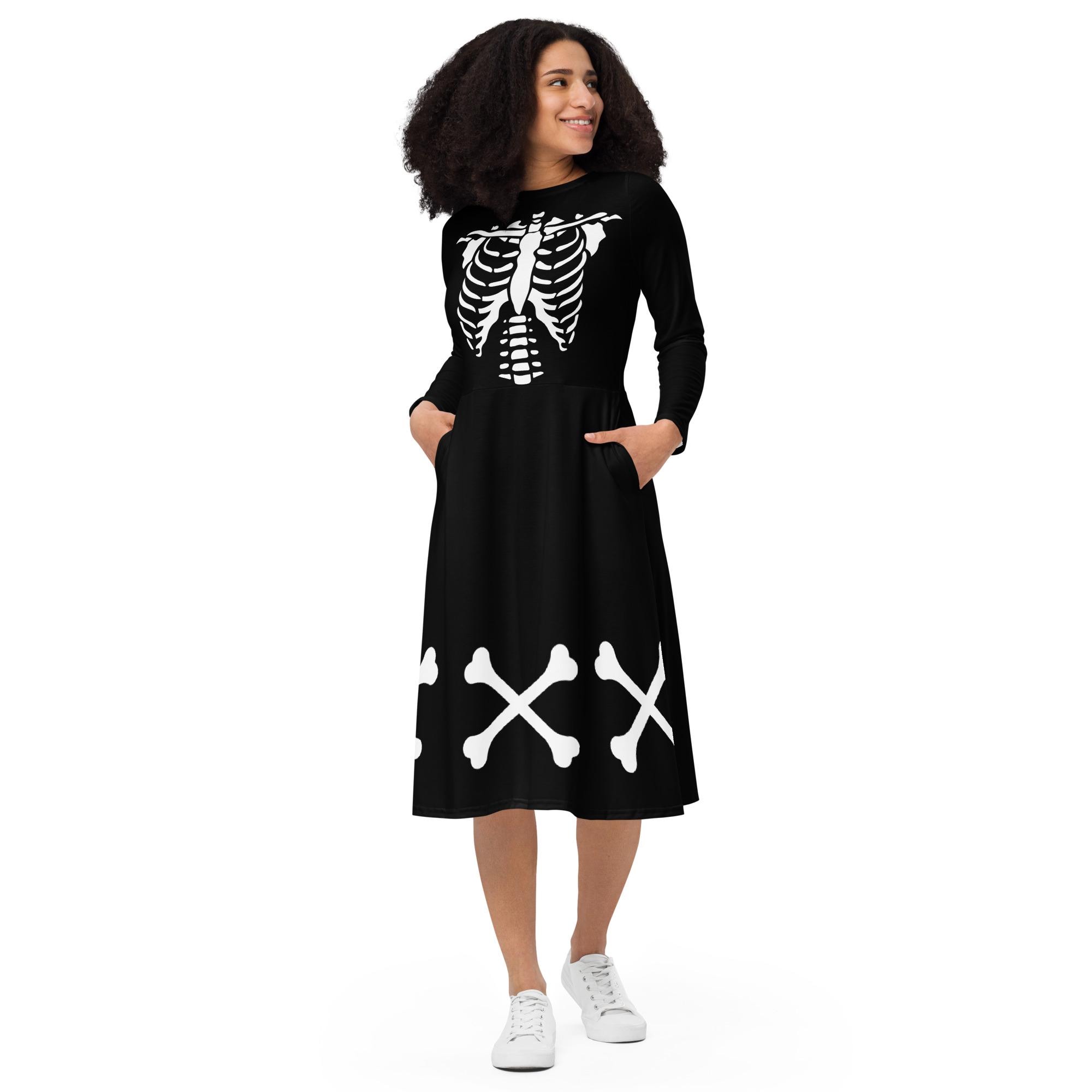 Skeleton Dress Womens Halloween costume long sleeve midi dress b