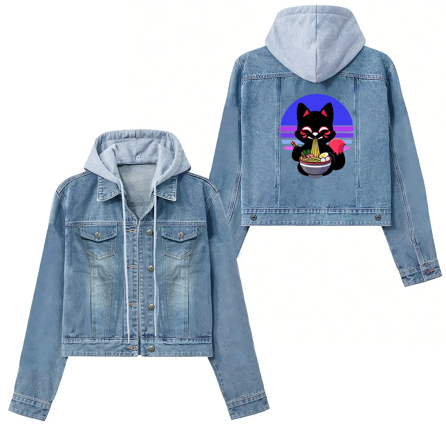 Cat Eating Ramen Noodles Kawaii Anime Japanese Women's Denim Jackets