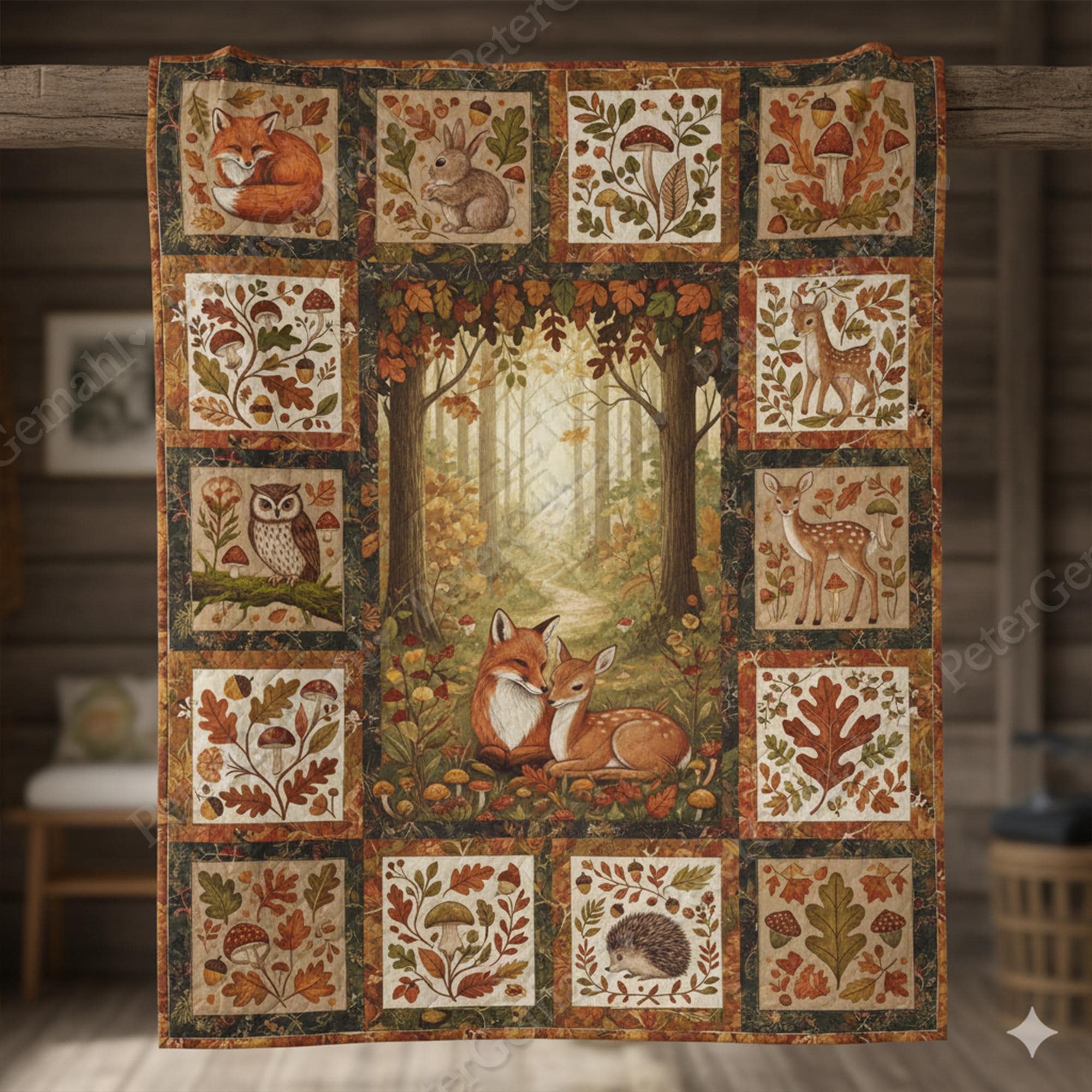 Autumn Forest Quilt Blanket, Woodland Animals Blanket, Fox Deer Owl Hedgehog, Fall Nature Bedding, Cozy Cabin Decor