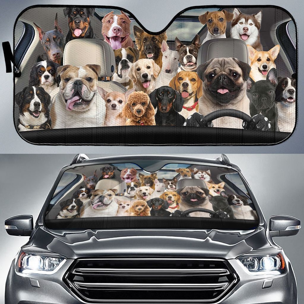 Cute Dogs Driving Car Sun Shade, Dog Lovers Car Windshield