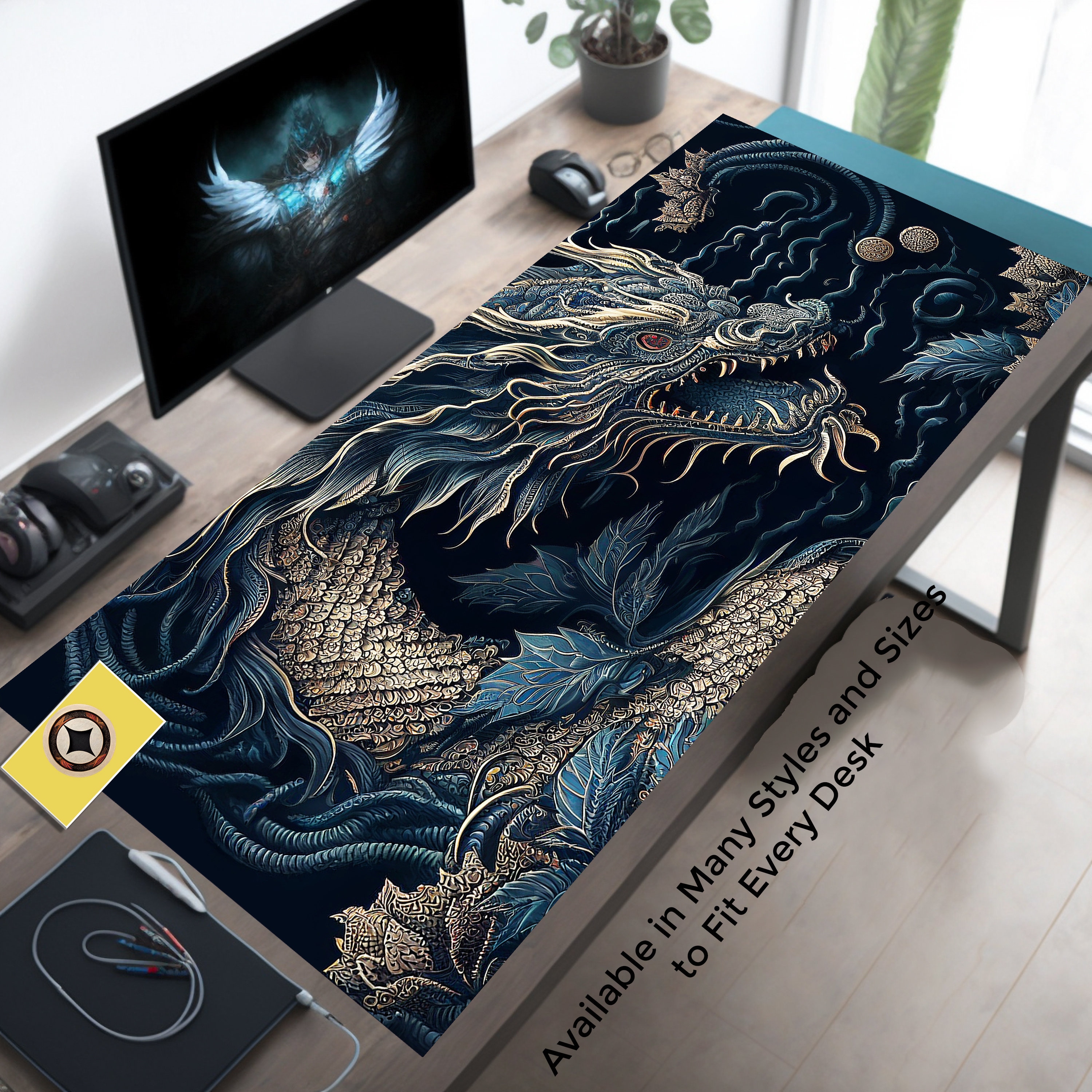 Oriental Japanese Dragon Desk Mat, Large Gaming Mouse Pad, Chinese Dragon Desk Pad