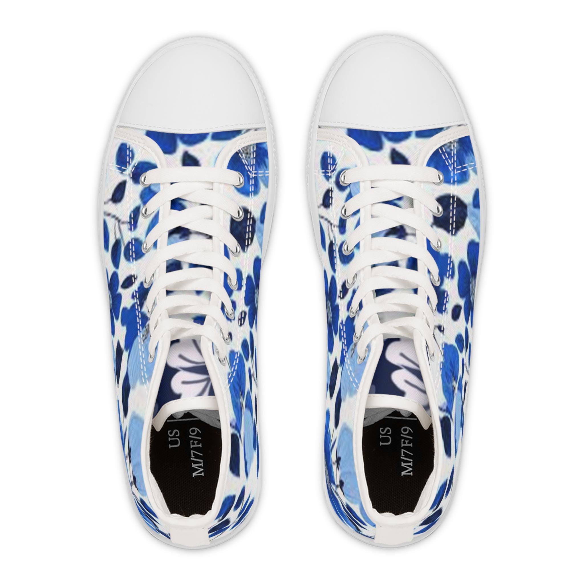 Blue Watercolor Floral High Top Sneakers with Hand-Painted Flower Pattern