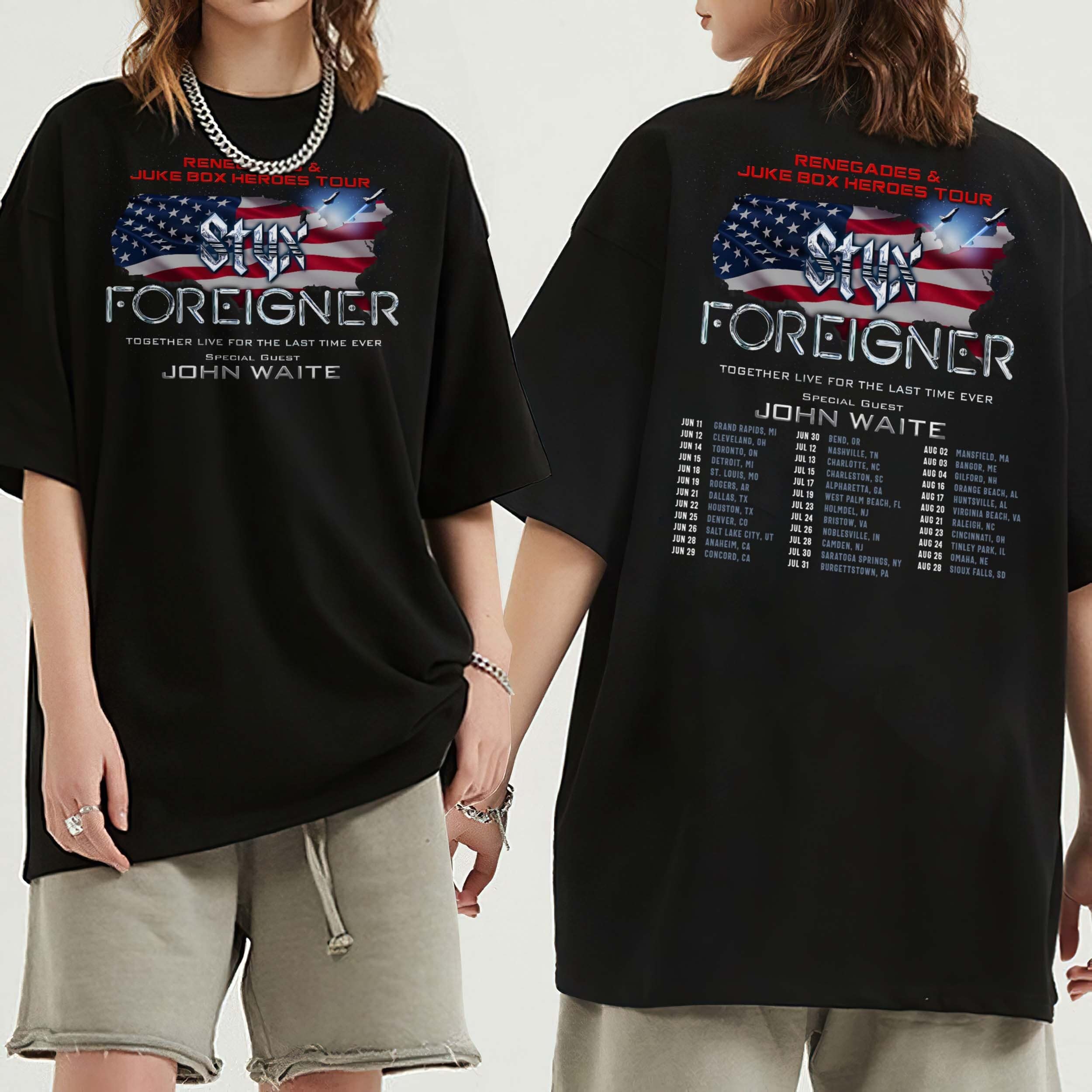 Styxs Band And Foreigner Band Shirt, Renegades And Juke Box Heroes Tour 2024 Shirt