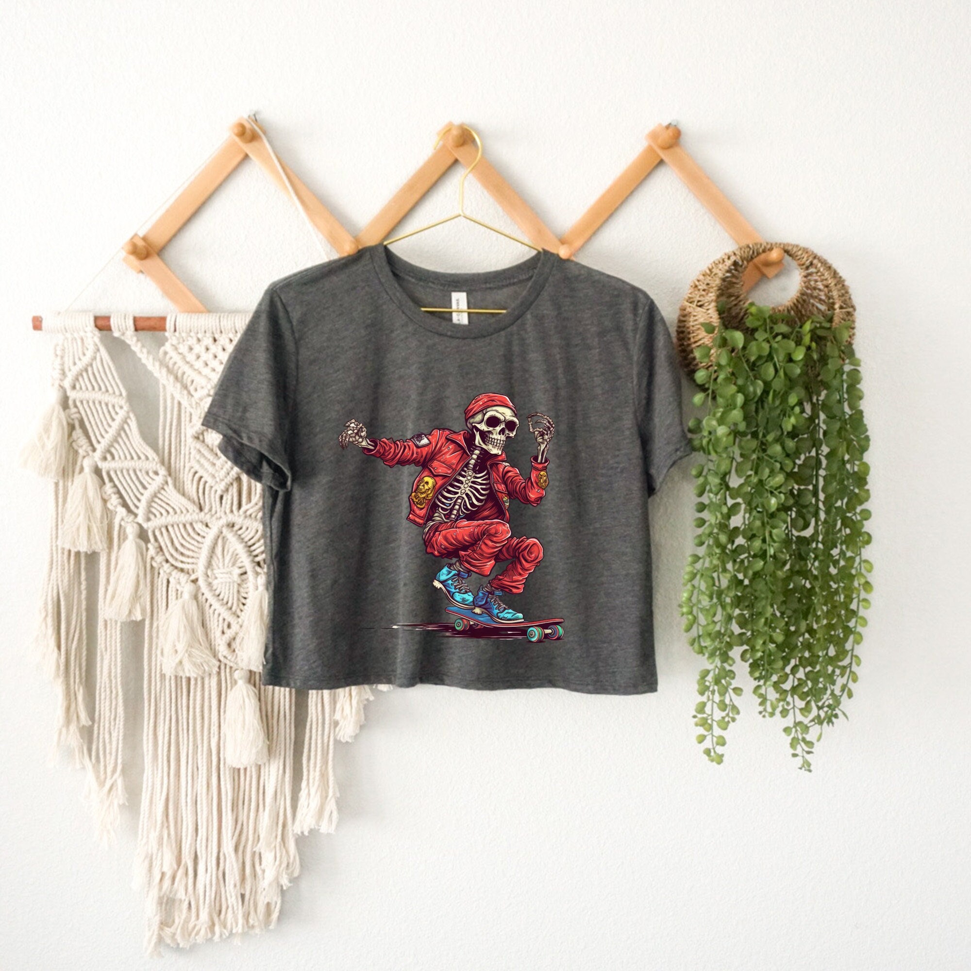 Women's Skeleton Skater Crop Top, Halloween Pumpkin & Spooky Skater Design