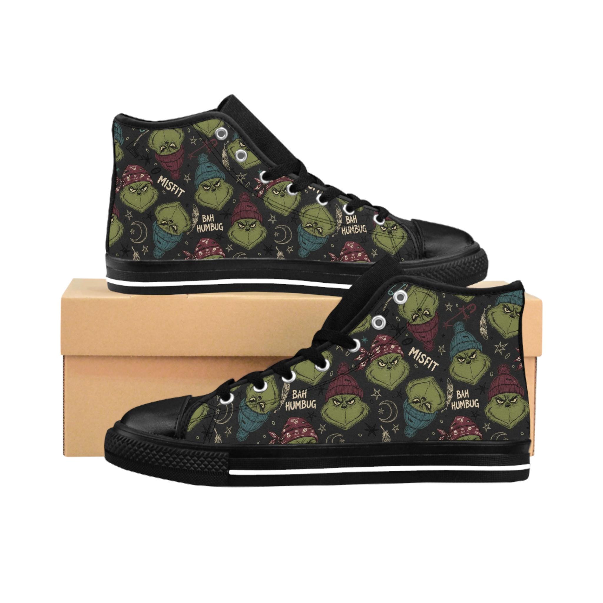 funny character Christmas High Top Sneakers, Edgy Bah Humbug Xmas Shoes, Women's Classic Sneaker, Festive Holiday Footwear, Green Mean One