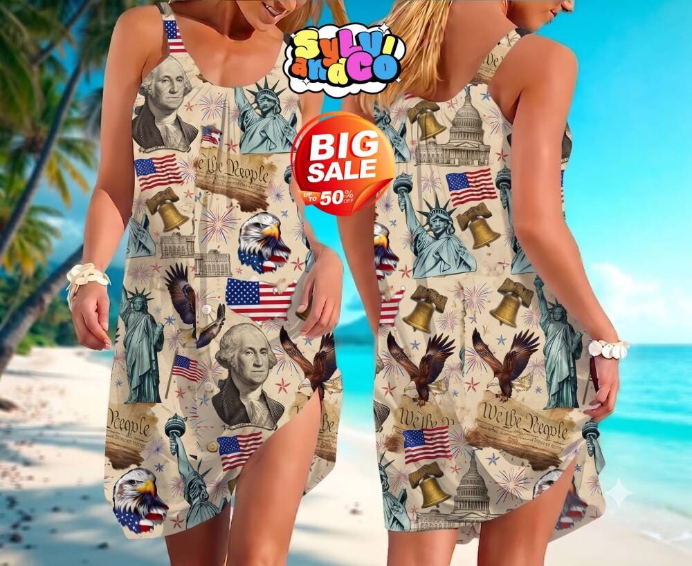 250th Anniversary America Dress, We The People Patriotic Sling Dress, 1776-2026 USA Celebration Outfit, Slim Fit Summer Sling Dress