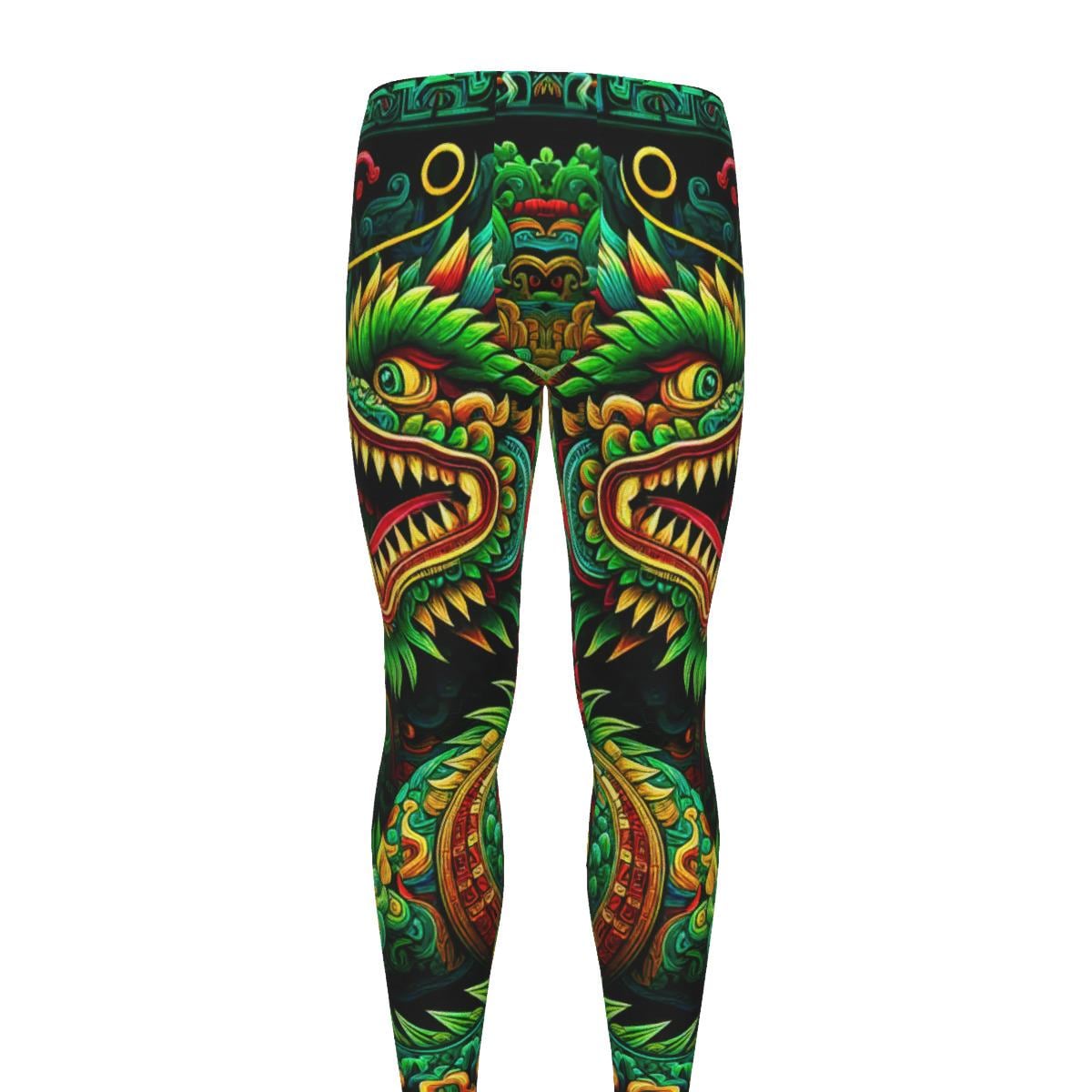 Men's Aztec Dragon Leggings for Martial Arts, Fitness, Gym, Running, Wrestling, BJJ, Yoga, Workout