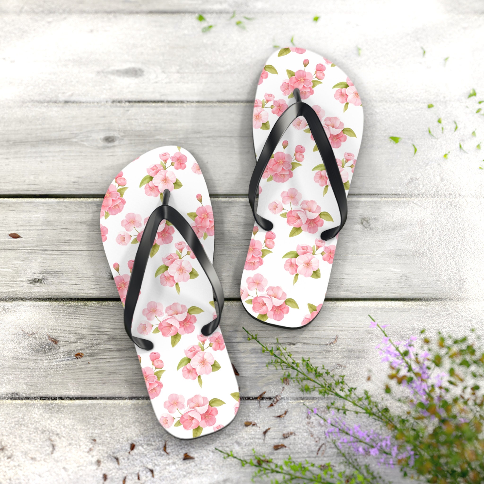 Cherry Blossoms Floral Flowers Flip Flops - Spring Sakura - Available in 4 Sizes - Small Medium Large and X-Large - Great Gift Idea!