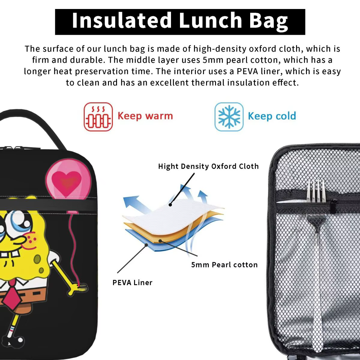 Spongebobed Cartoon Lunch Bag Outdoor Picnic Lunch Box For Men Fashion Graphic Tote Food Bags Oxford Portable Cooler Bag