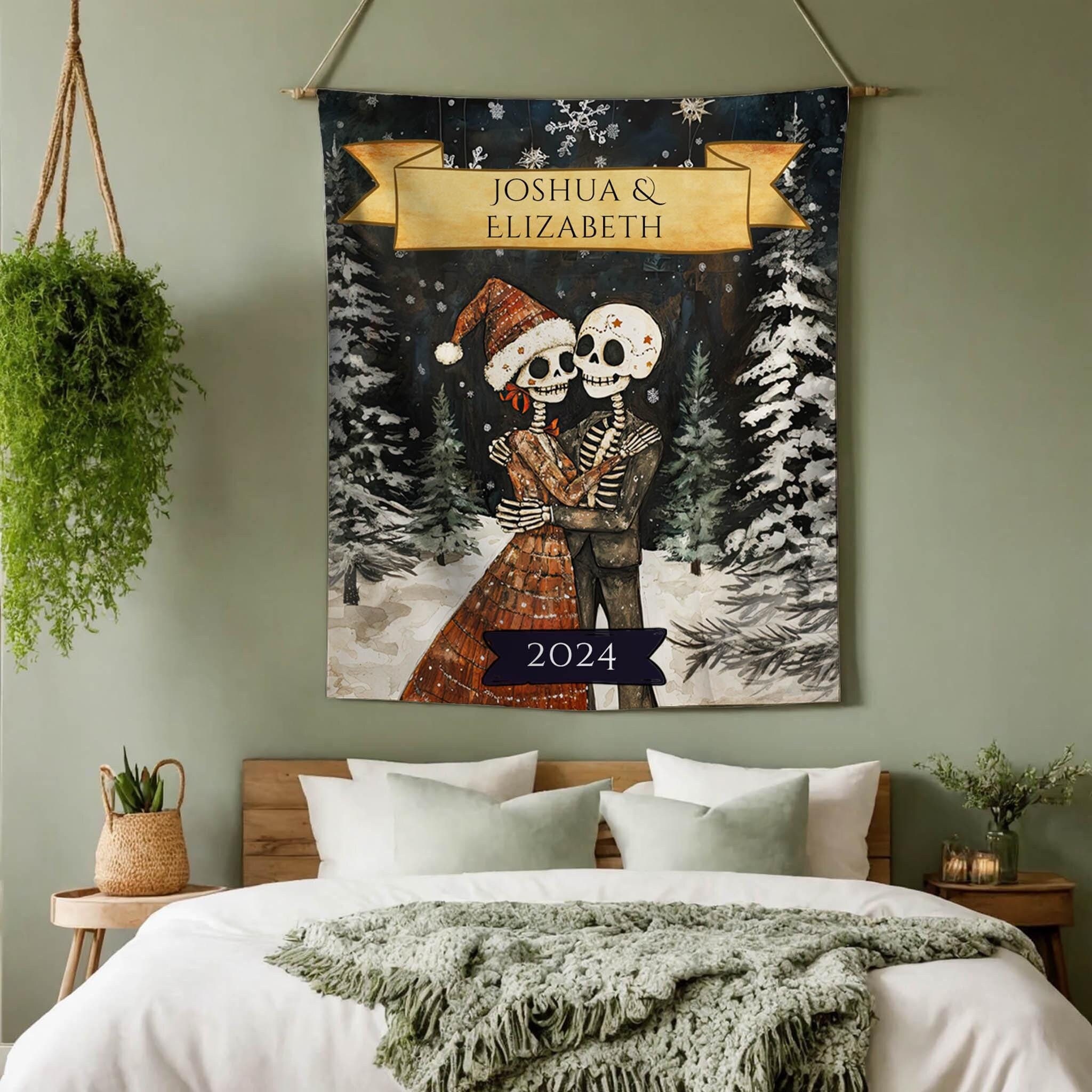 Personalized Gothic Christmas Tapestry, Skeleton Couple Wall Hanging, Gothic Xmas Wall Art, Til Death Do Us Part, Anniversary, Engagement
