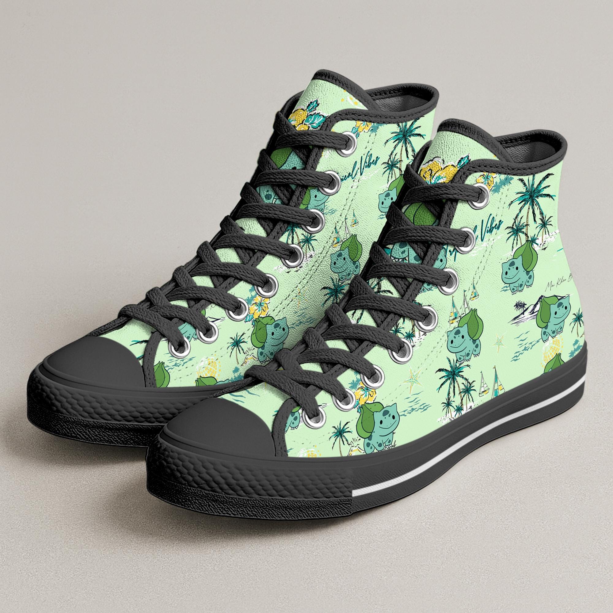 Bulbasaur High Top Shoes, Tropical Kawaii Sneakers, Cute Printed Shoes, Bulbasaur Shoes Gifts