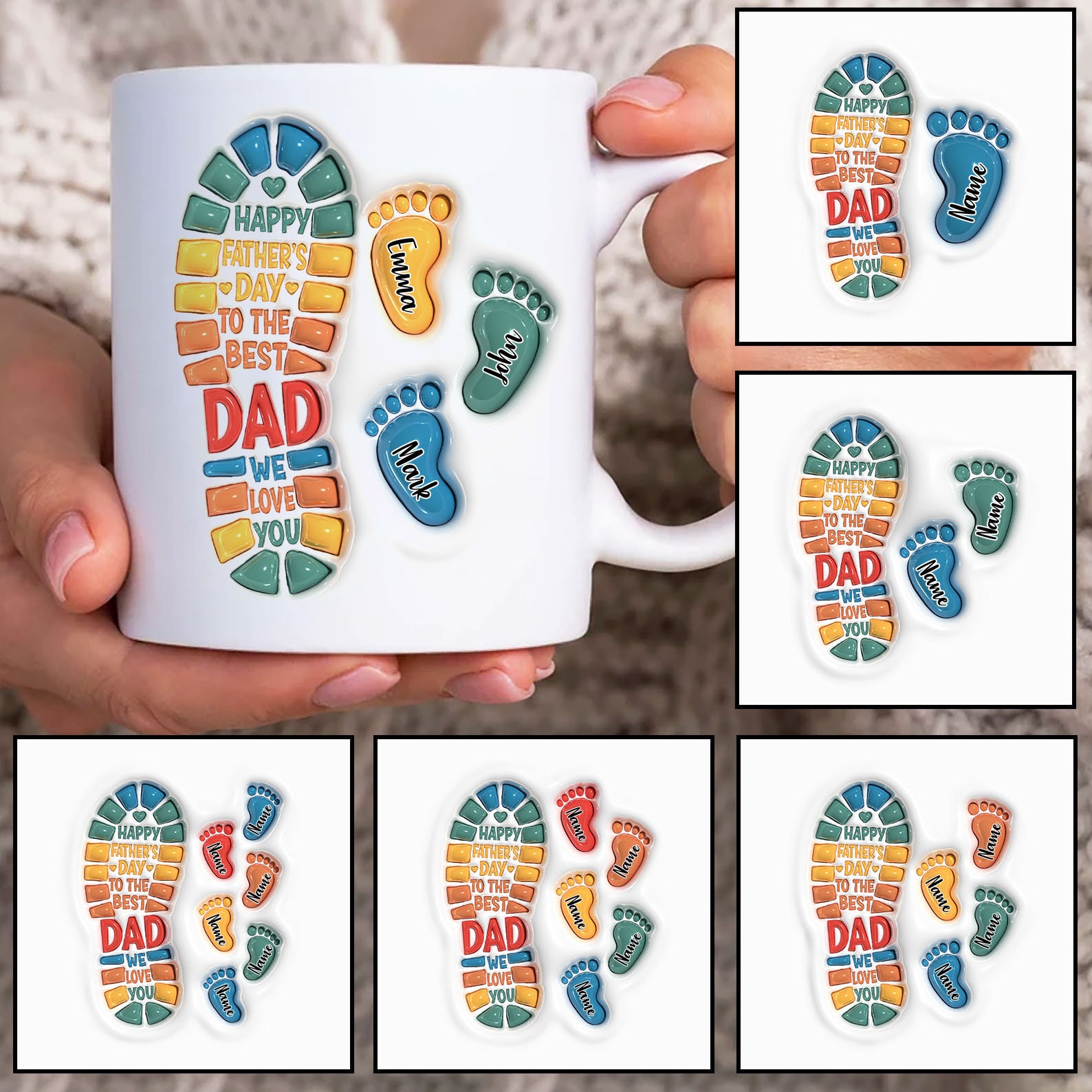 Personalized Dad 3D Inflated Mug, Custom Dad Footprint Up to 6 Kids 11oz Mug Template, Dad Mug , Fathers Day Coffee Mugs