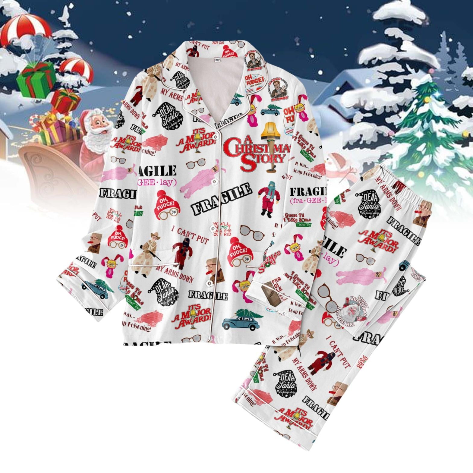 A Christmas Story Pajamas Set, Leg Lamp, Oh Fudge Ralphie Santa T-Shirt, Funny Movie Holiday Pajamas, Matching Family Pajamas Set
