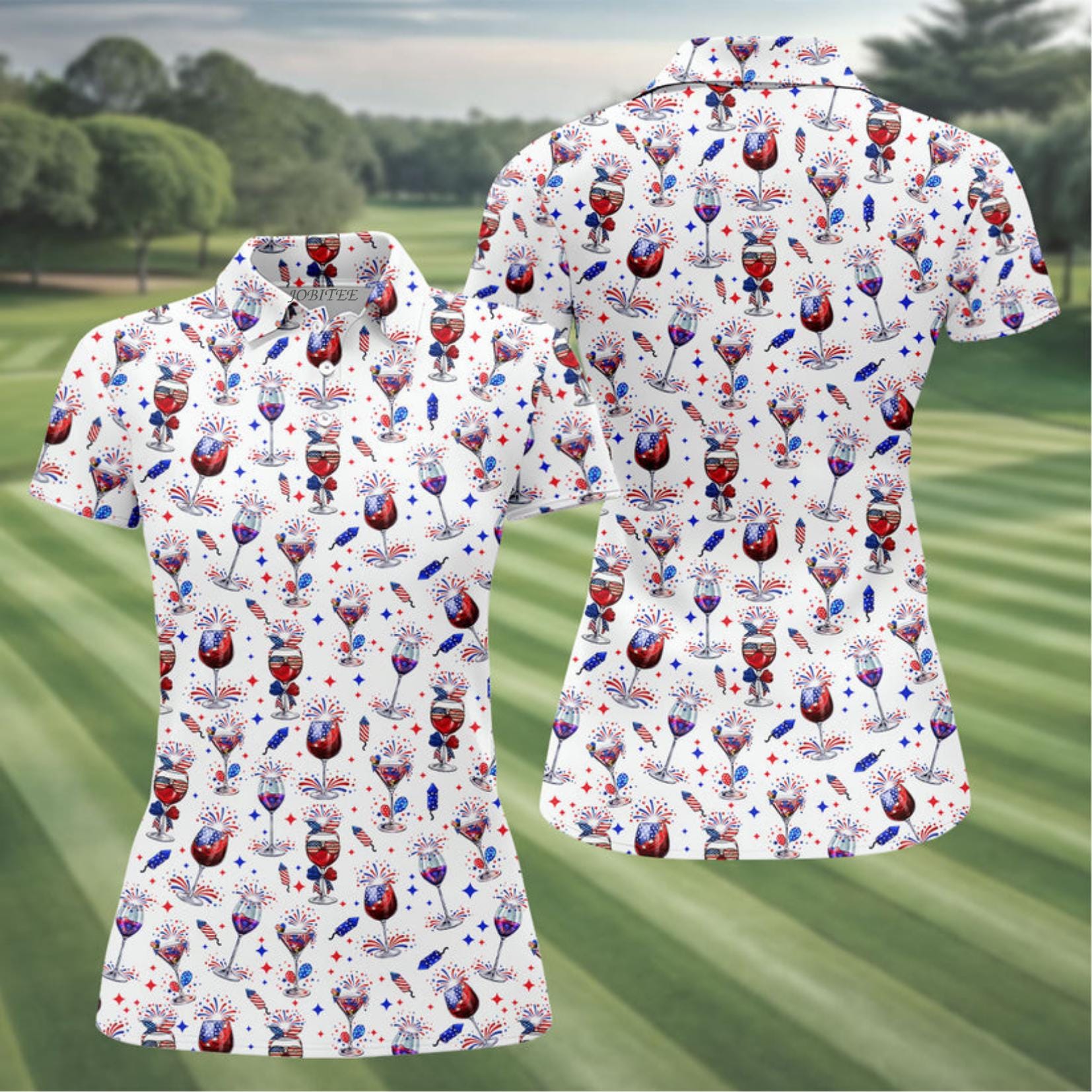 Women's Patriotic Golf Polo Shirt with USA Flag Design for 4th of July and Wine Lovers
