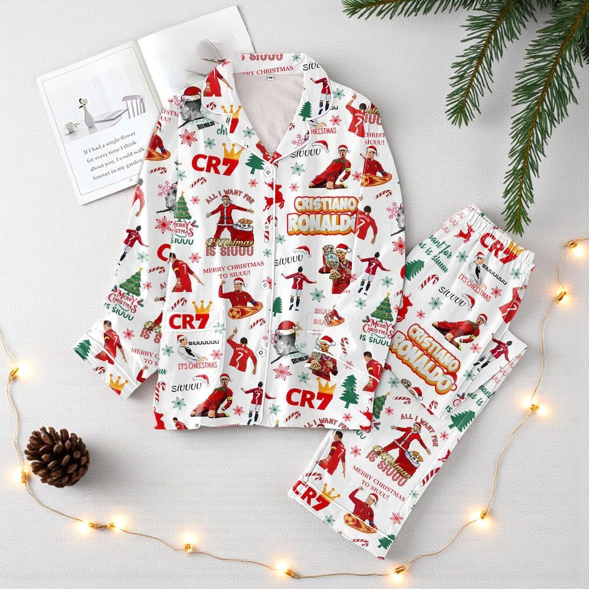 Cristiano Ronaldo CR7 Christmas Pajamas Set | Holiday Sleepwear for Football Fans | Festive Polyester Pajamas