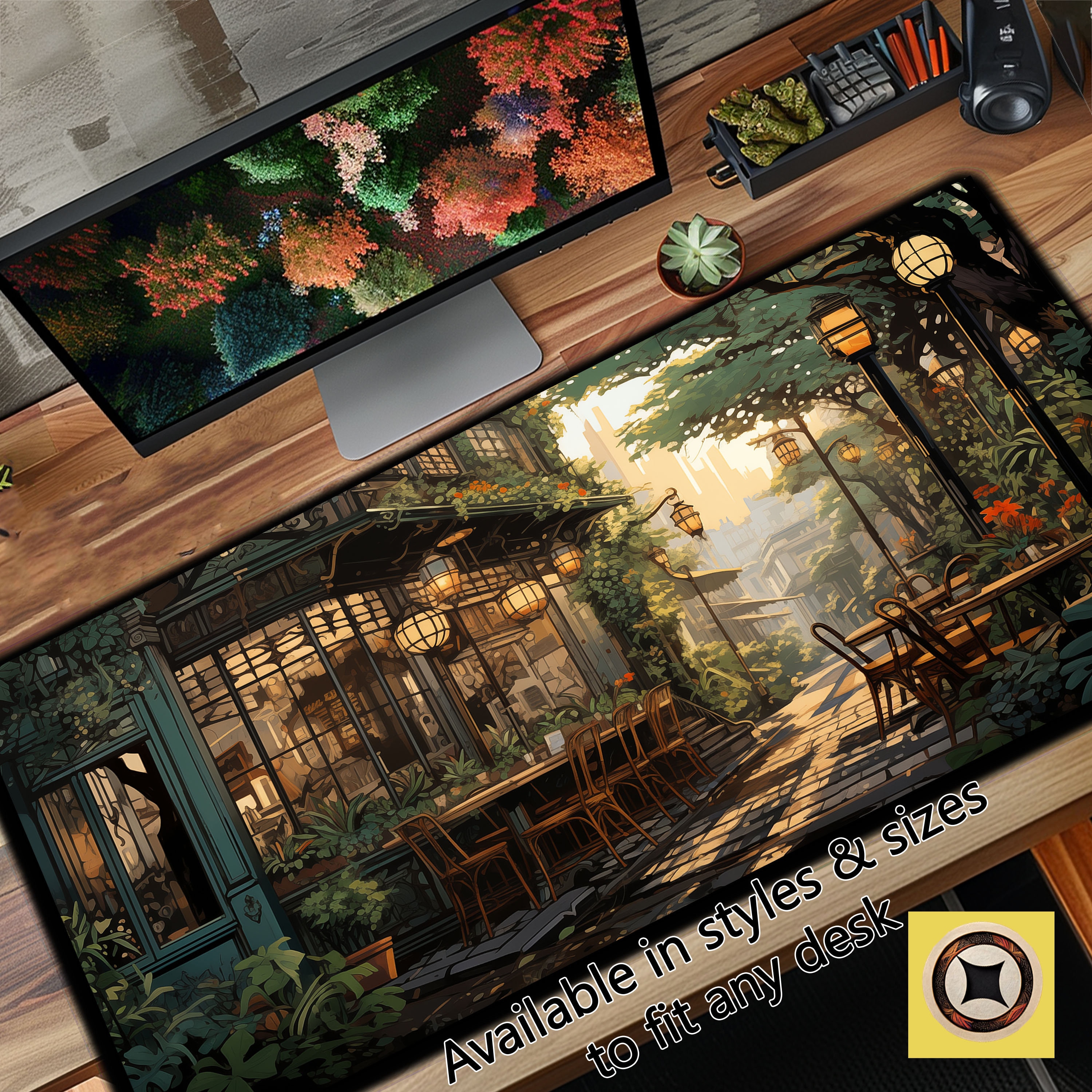 Nostalgic Coffee Shop Desk Mat, Art Nouveau Inspired Large Mouse Pad