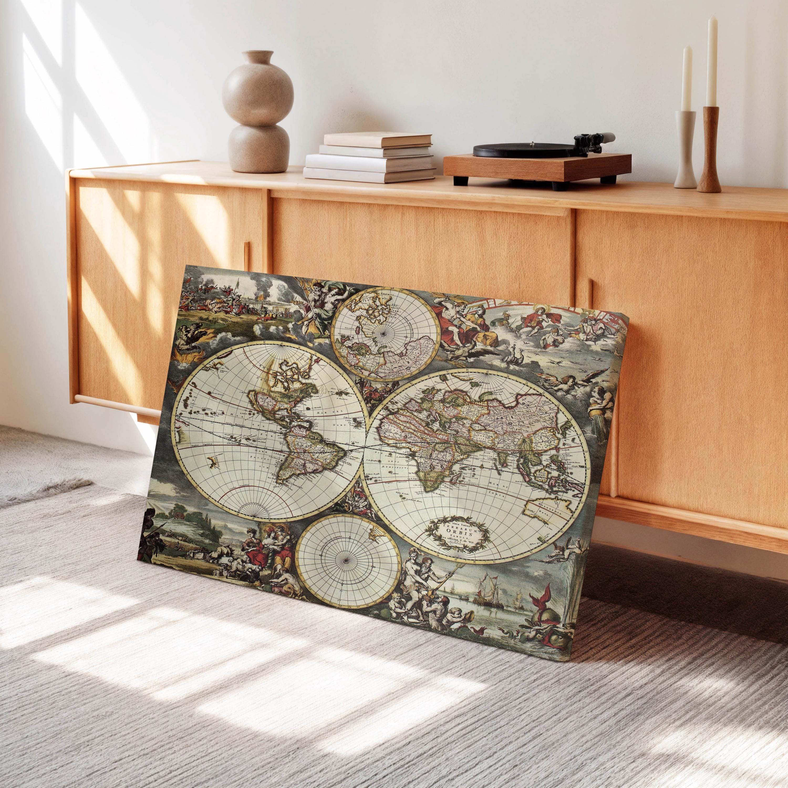 Vintage World Map Canvas Print, Ready to Hang, Geographic Wall Art