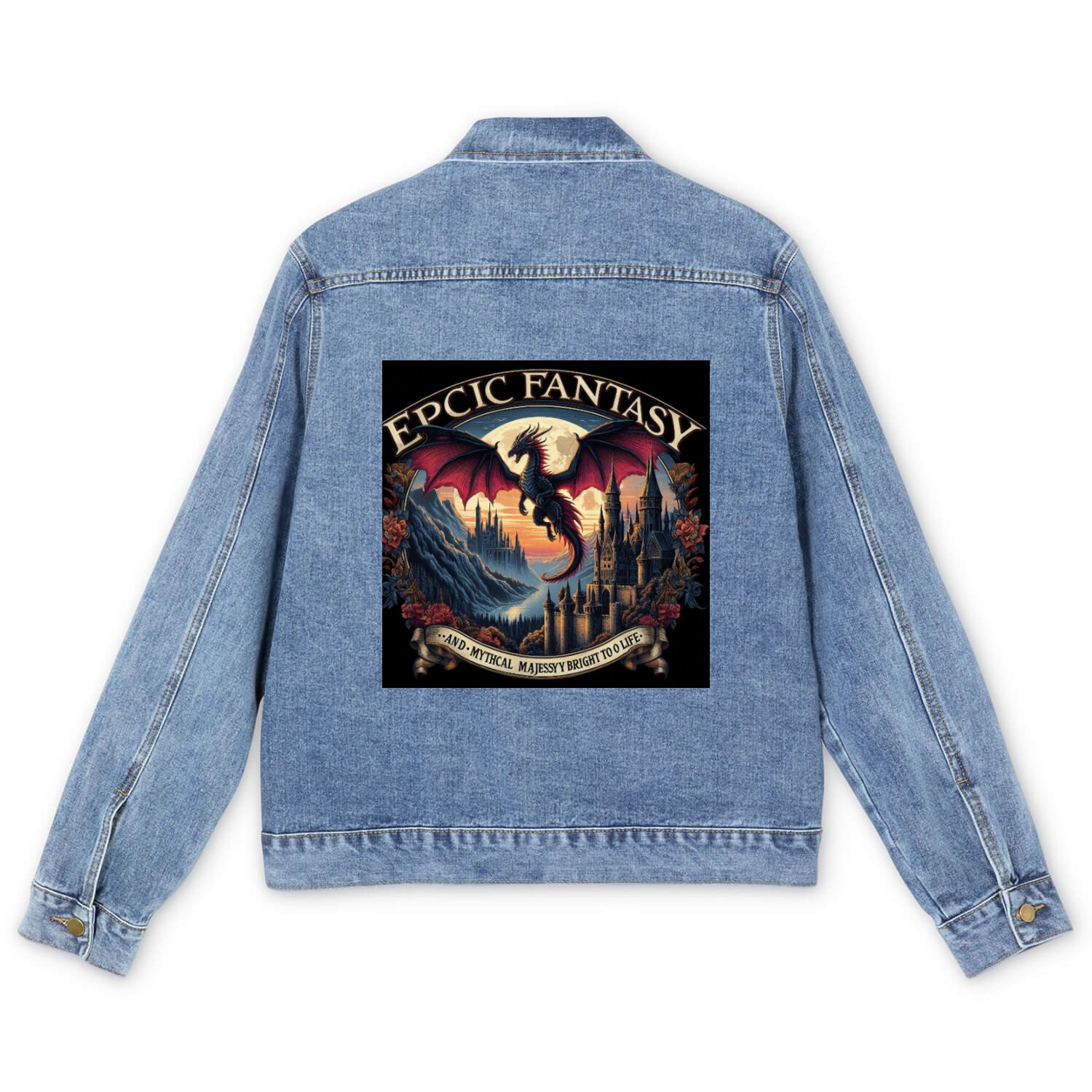 Epic Fantasy Dragon Castle Illustration Men's Denim Jackets