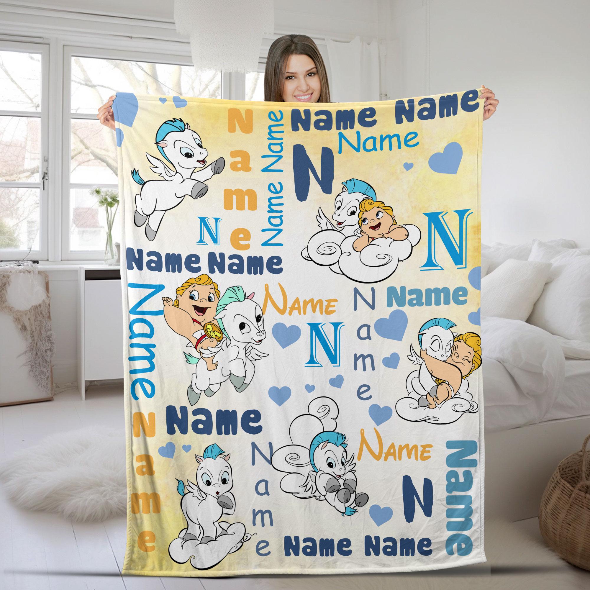 Customized Name Hercules Watercolor Blanket, Baby Hercules and Baby Pegasus Fleece Mink Sherpa Blanket