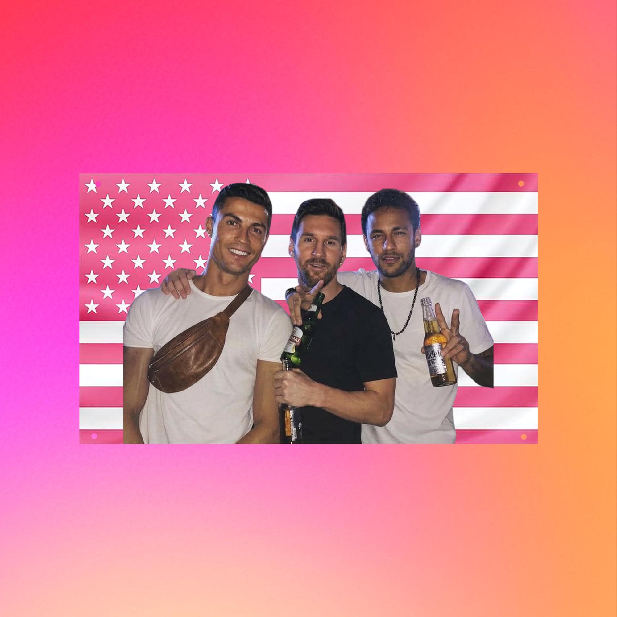 Ronaldo Messi Neymar Pink US Flag, Football Legends Wall Tapestry, Soccer Trio Room Decor, Athlete Fan Flag, World Cup 2026 Last Dance