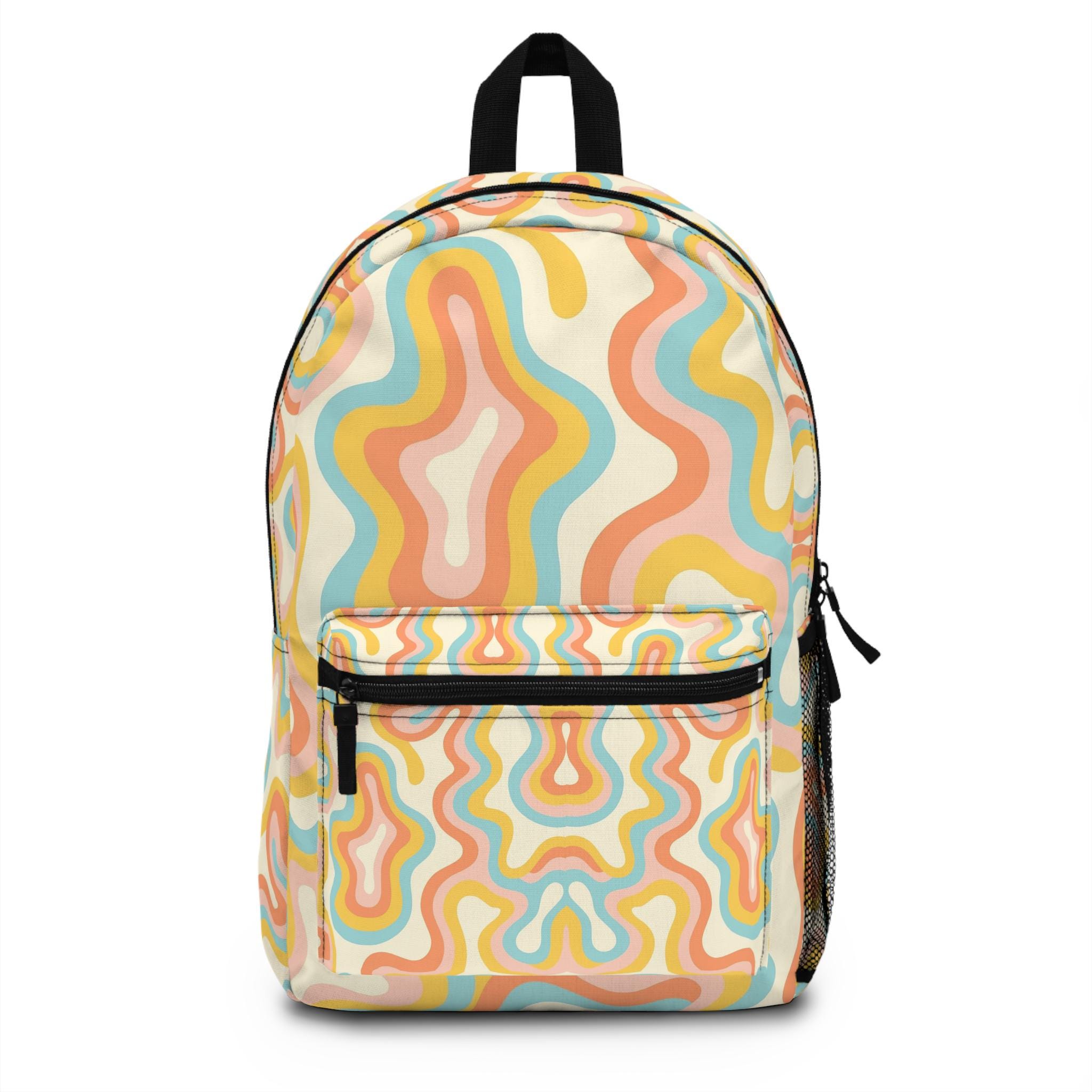 Colorful Pastel Waves & Swirls Backpack, Retro Trendy Bookbag, Groovy School Bag, Stylish Carry-All, Unique Gift for Teens