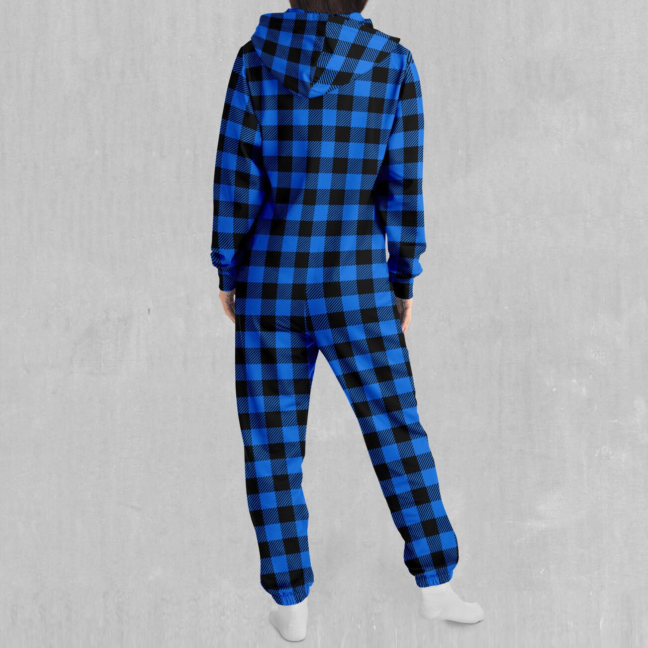 Blue Checkered Plaid Adult Zip Up Jumpsuit Pajamas