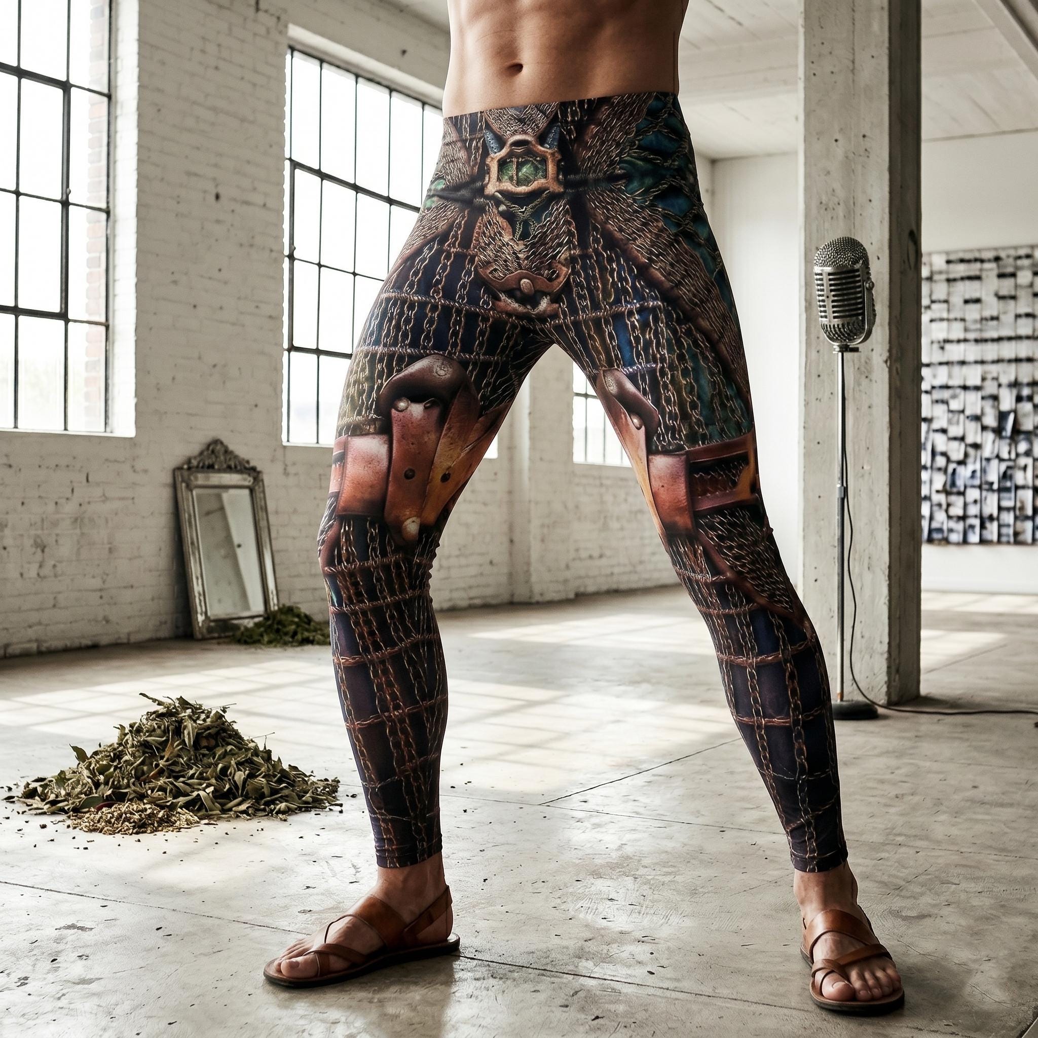 Gladiator Mens Leggings, Exoskeleton Armor, Workout Pants, Dystopian Druid Cycling Warrior, Rustic,Medieval Viking, Cosplay Wrestling Gift