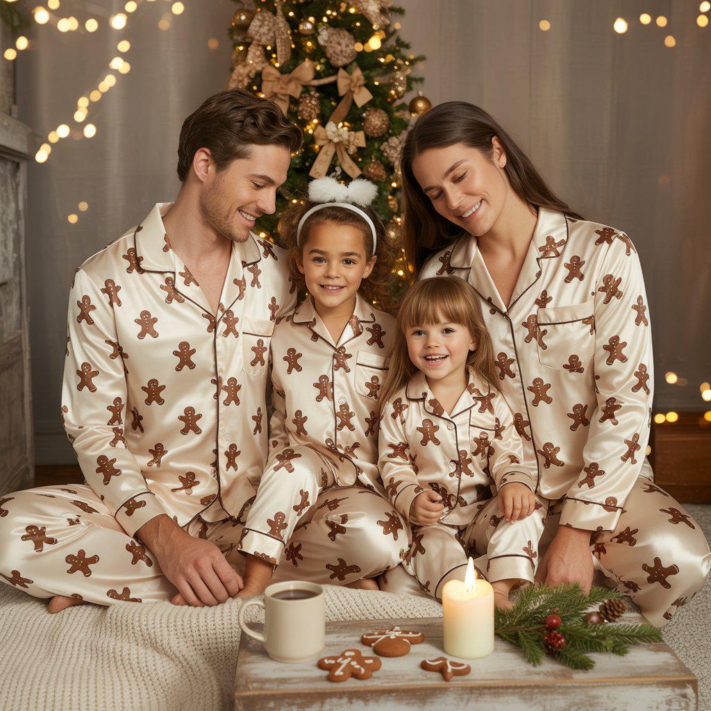 Matching Family Christmas Pajamas Gingerbread Christmas pajamas set for women, soft beige checkered holiday sleepwear