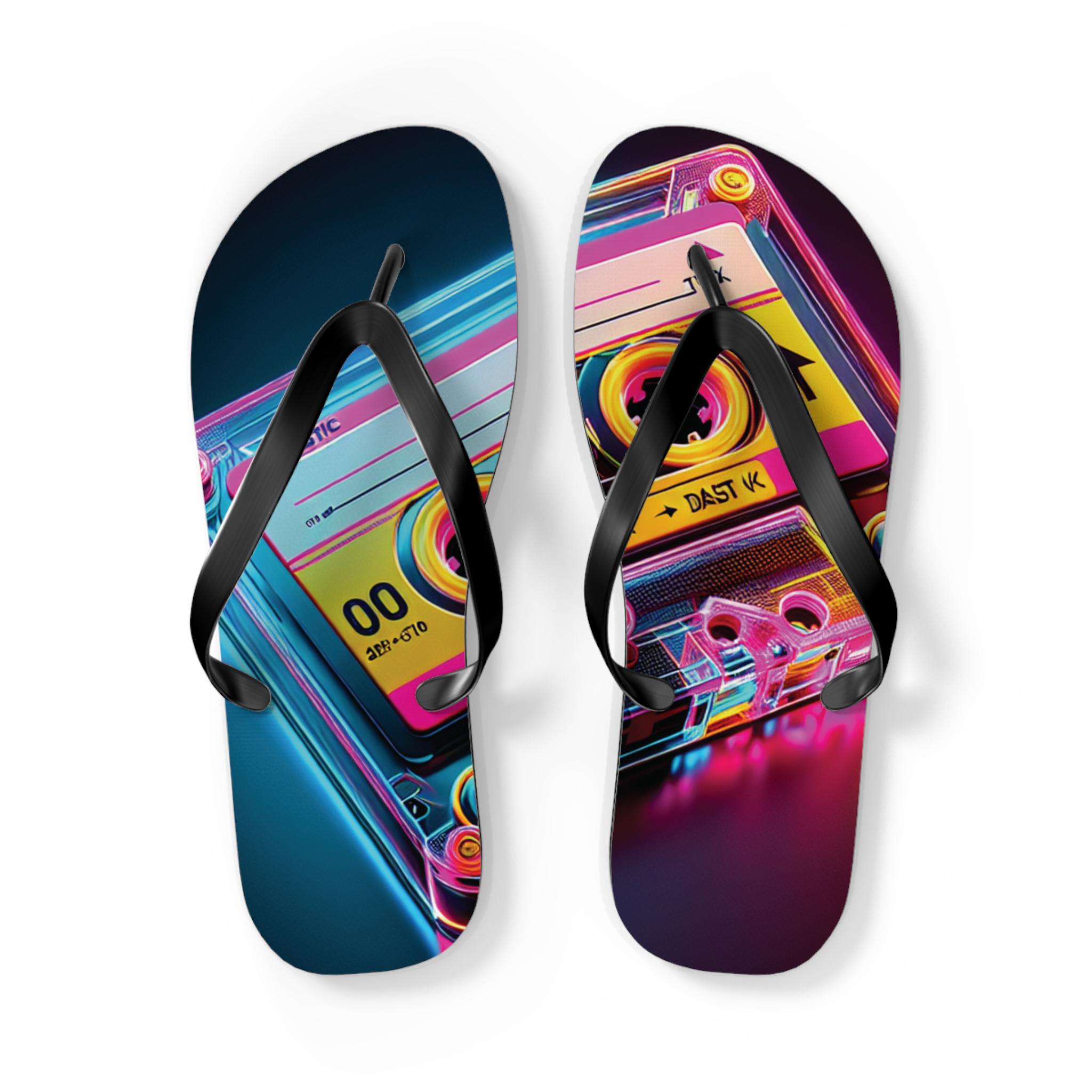 Retro Cassette Flip Flops, Vibrant Beach Sandals, Music Lover Gift, Summer Accessories, Fun Party Footwear, Colorful Beach Shoes Gift