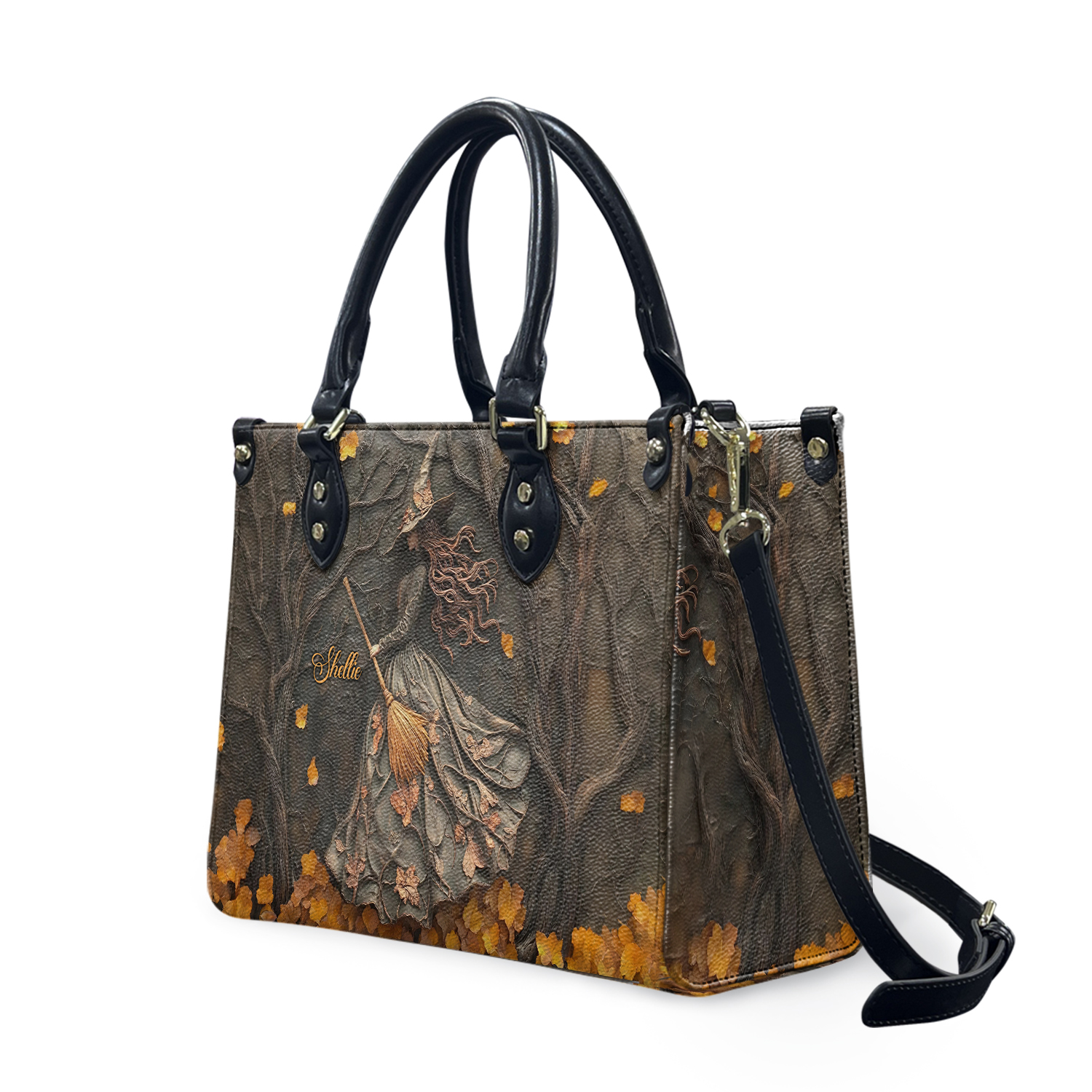 Personalized Witch Art Print Handbag With Handle, Spooky Halloween Bags