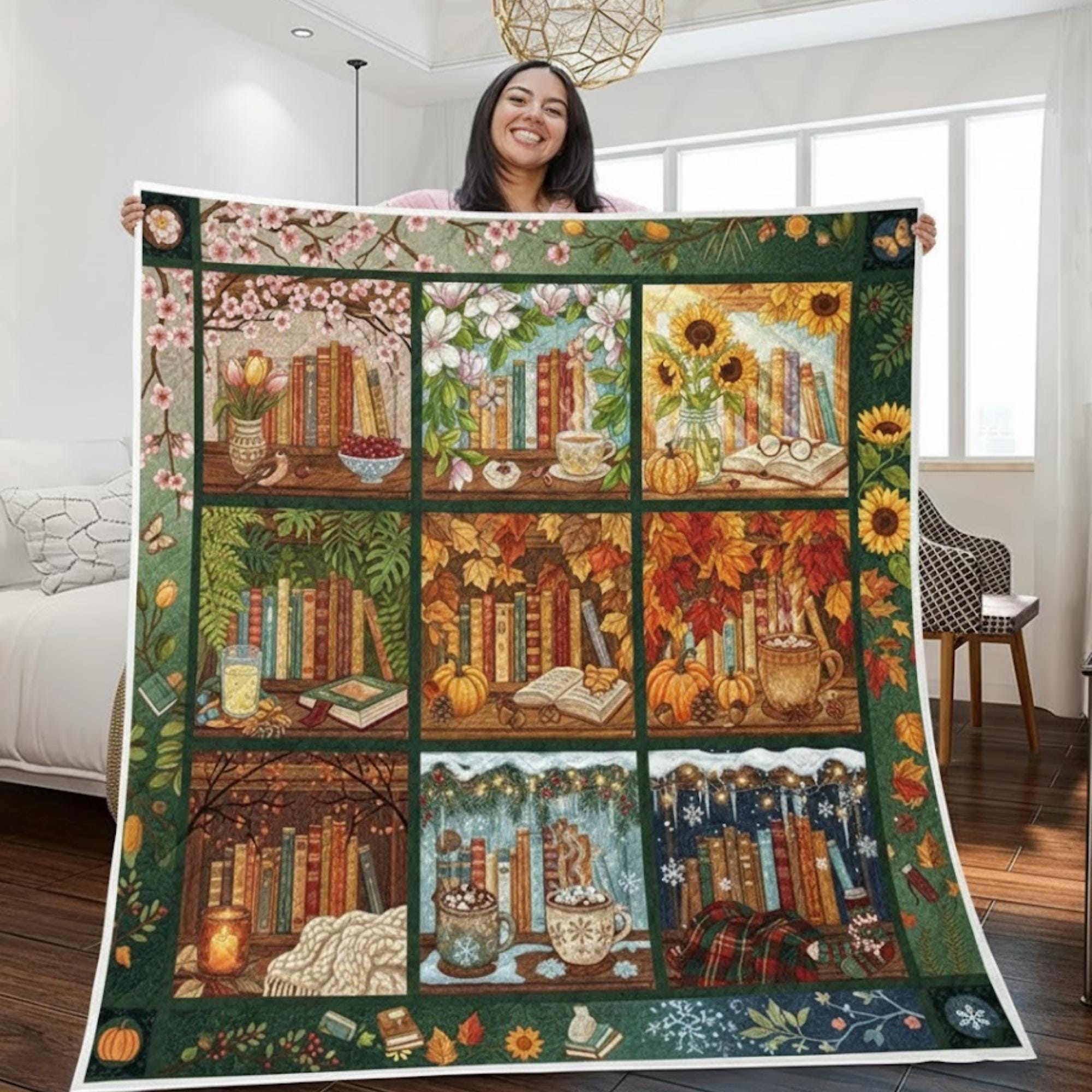 Four Seasons Library Quilt for Book Lovers, Seasonal Reading Blanket, Cozy Quilted