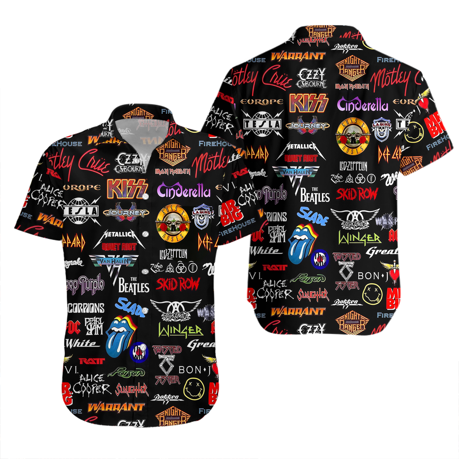 3XL All Over Print Rock Bands Graphic Black Short Sleeve Button Up Shirt Motley