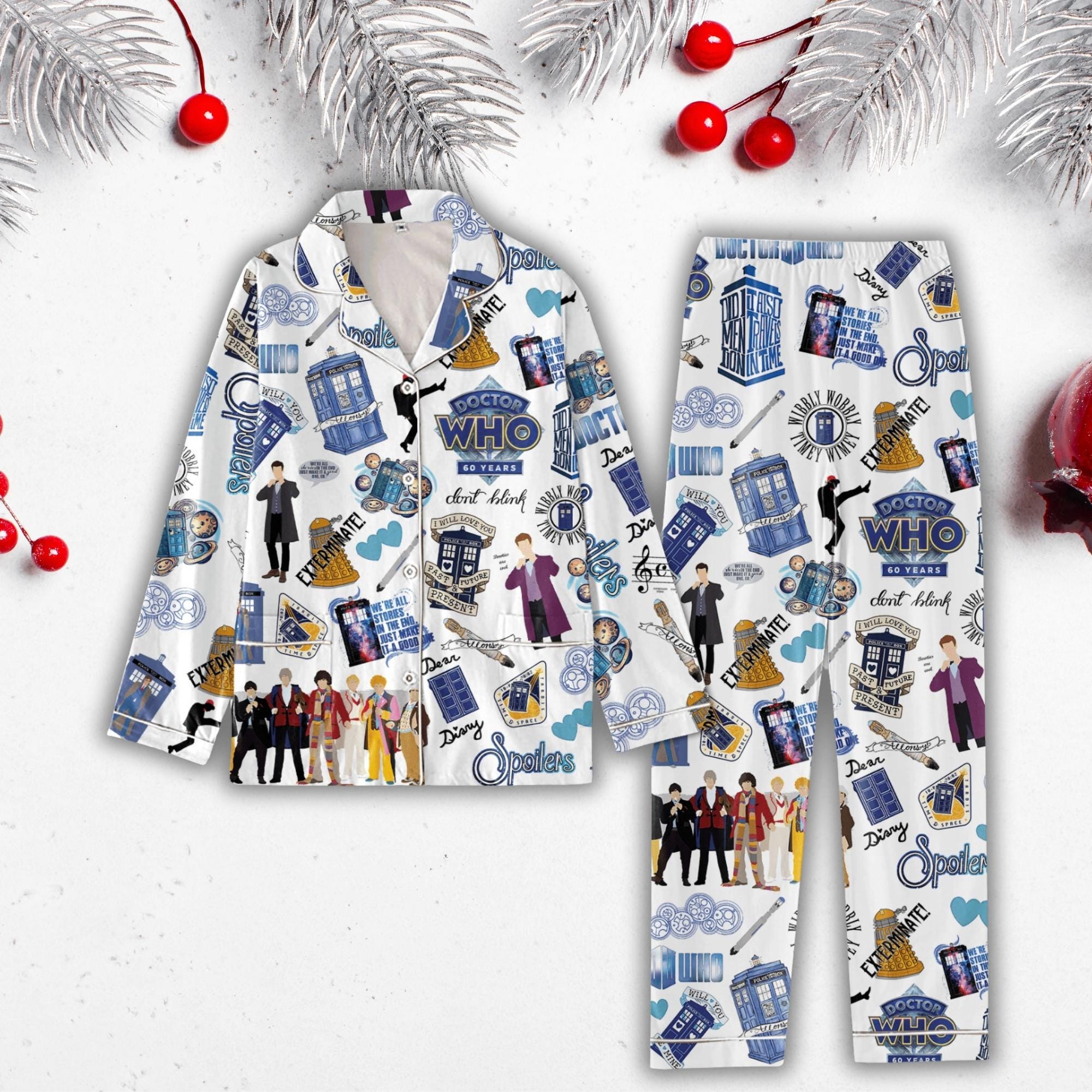 Doctor Who Pajamas Set, Tardis Dr Who Pajamas, Police Box Holiday Pajamas, Doctor Who Woemn Pajamas, Tardis Pajamas, Matching Pjs Set