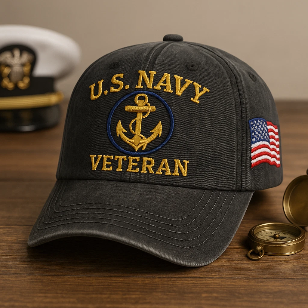 U.S. Navy Veteran Washed Cap Anchor Embroidered Patriotic Military Hat