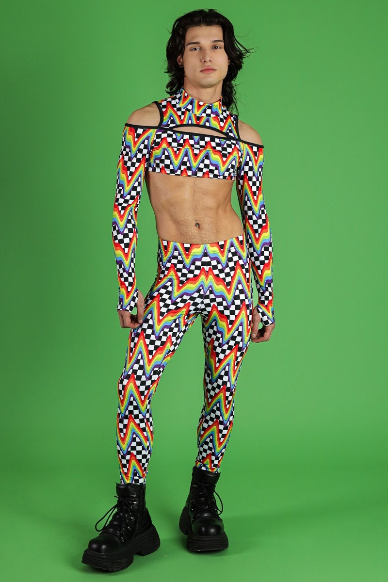 Rainbow Checkered Leggings for Men, high waisted leggings, printed rave leggings
