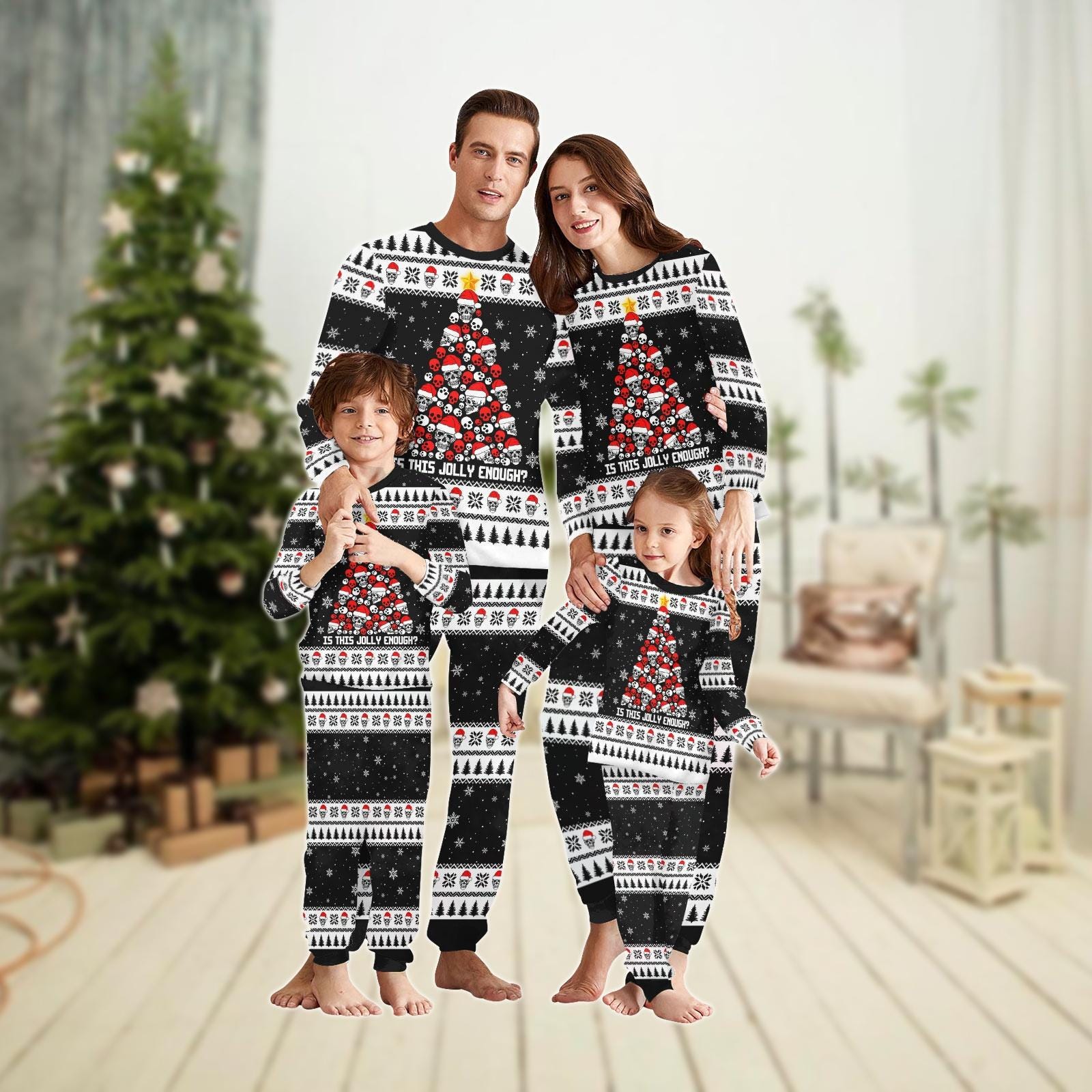 Christmas Skeleton Family Pajamas Set, Skull Christmas Tree Holiday Pajamas