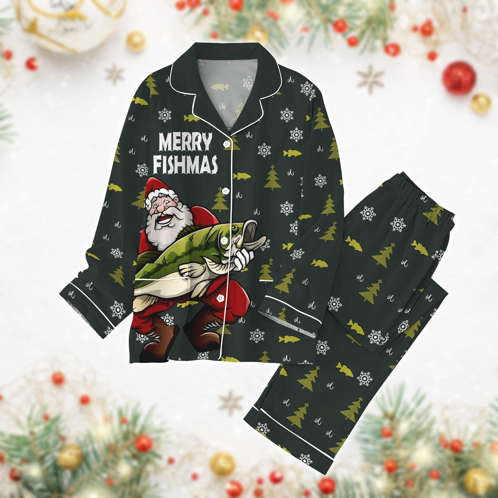 Merry Fishmas Pajamas Set, Fisherman Bass Santa Pajamas, Gifts For Fishing Dad, Fishing Lovers, Christmas Fishing Holiday Pajamas
