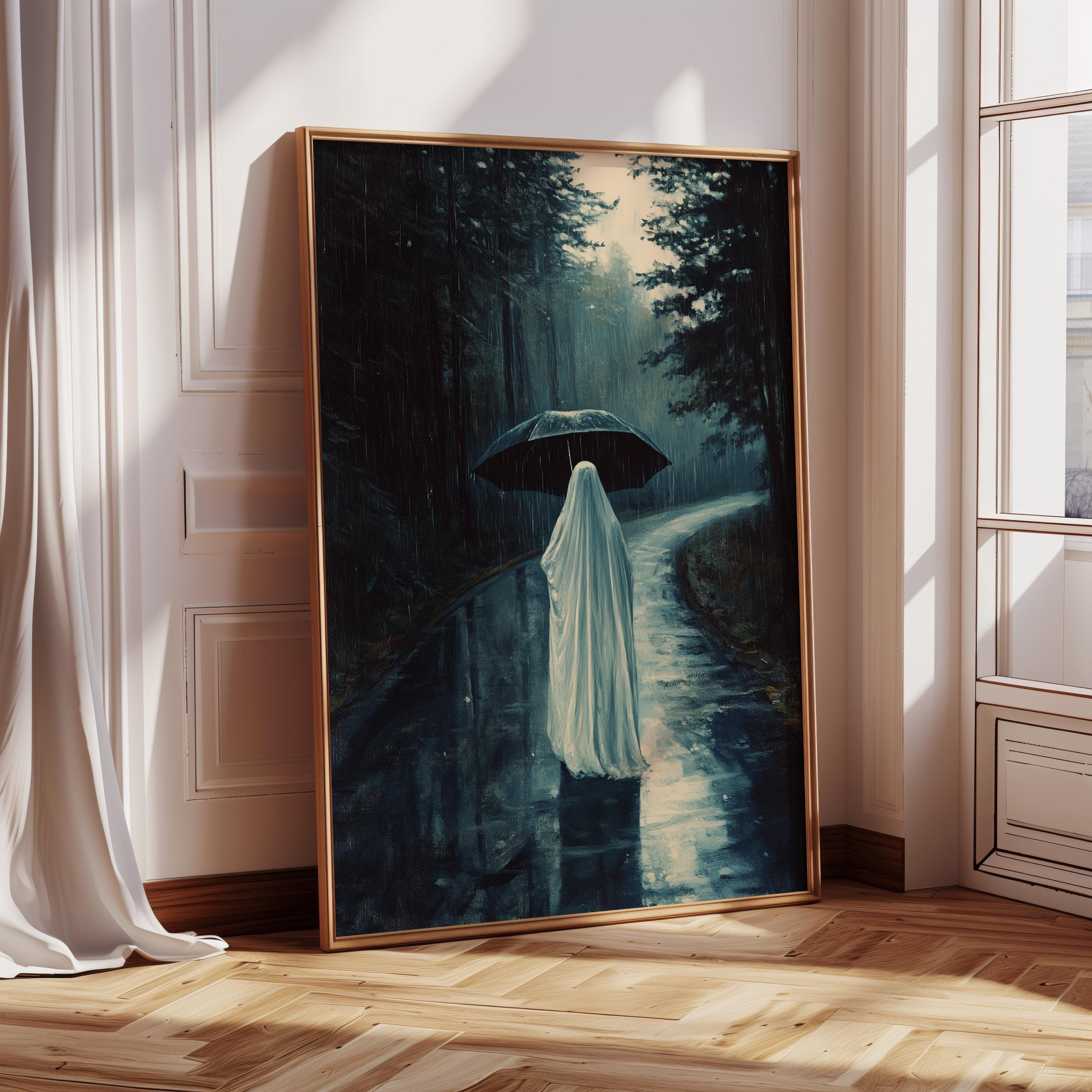 Ghost in the Rain Canvas Wall Art | Haunting Rainy Forest Scene with Umbrella | Moody Halloween Gothic Spooky Aesthetic Dcor