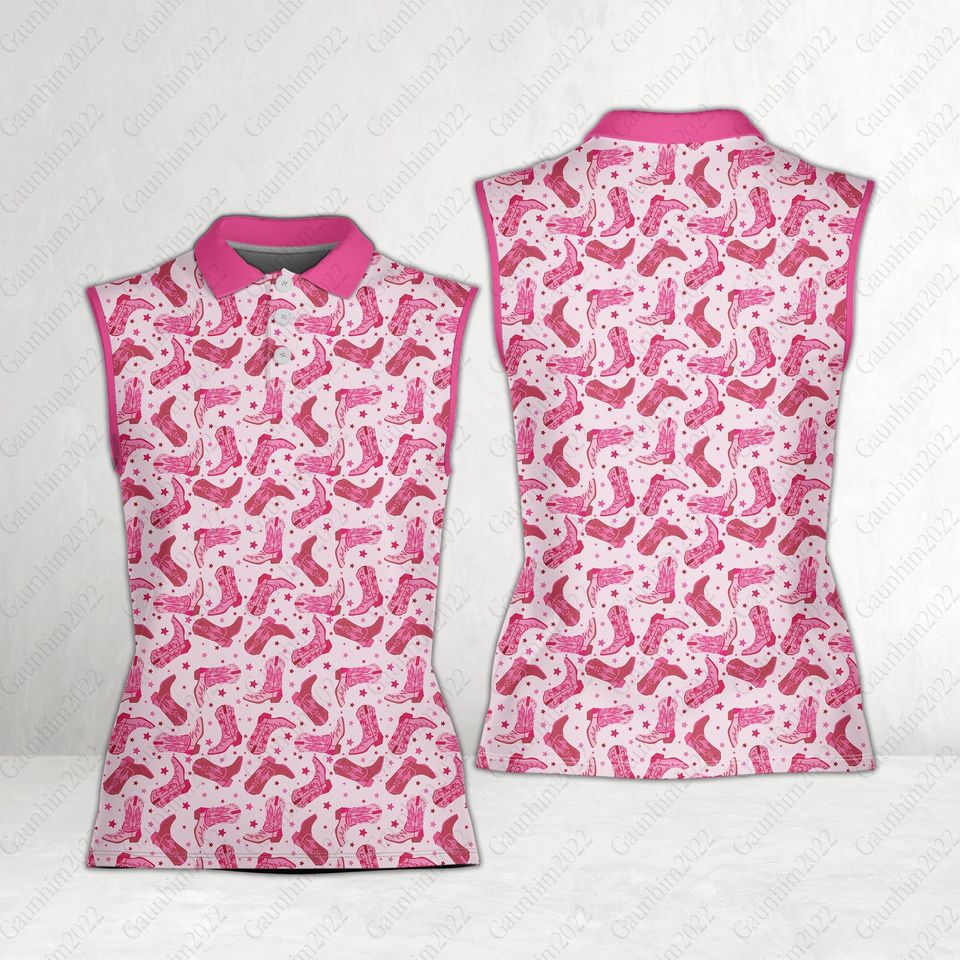 Pink Western Golf Polo Shirt, Pink Women Sleeveless Polo, Pink Cowgirl Boots Polo Shirt For Western Ladies, Gifts For Golfers, Golf Lovers