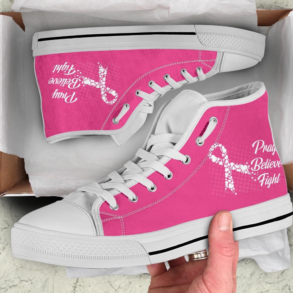 Breast Cancer High Top Shoes / Pray Believe Fight Print Shoes / Breast Cancer High Top Sneakers / Breast Cancer Gift