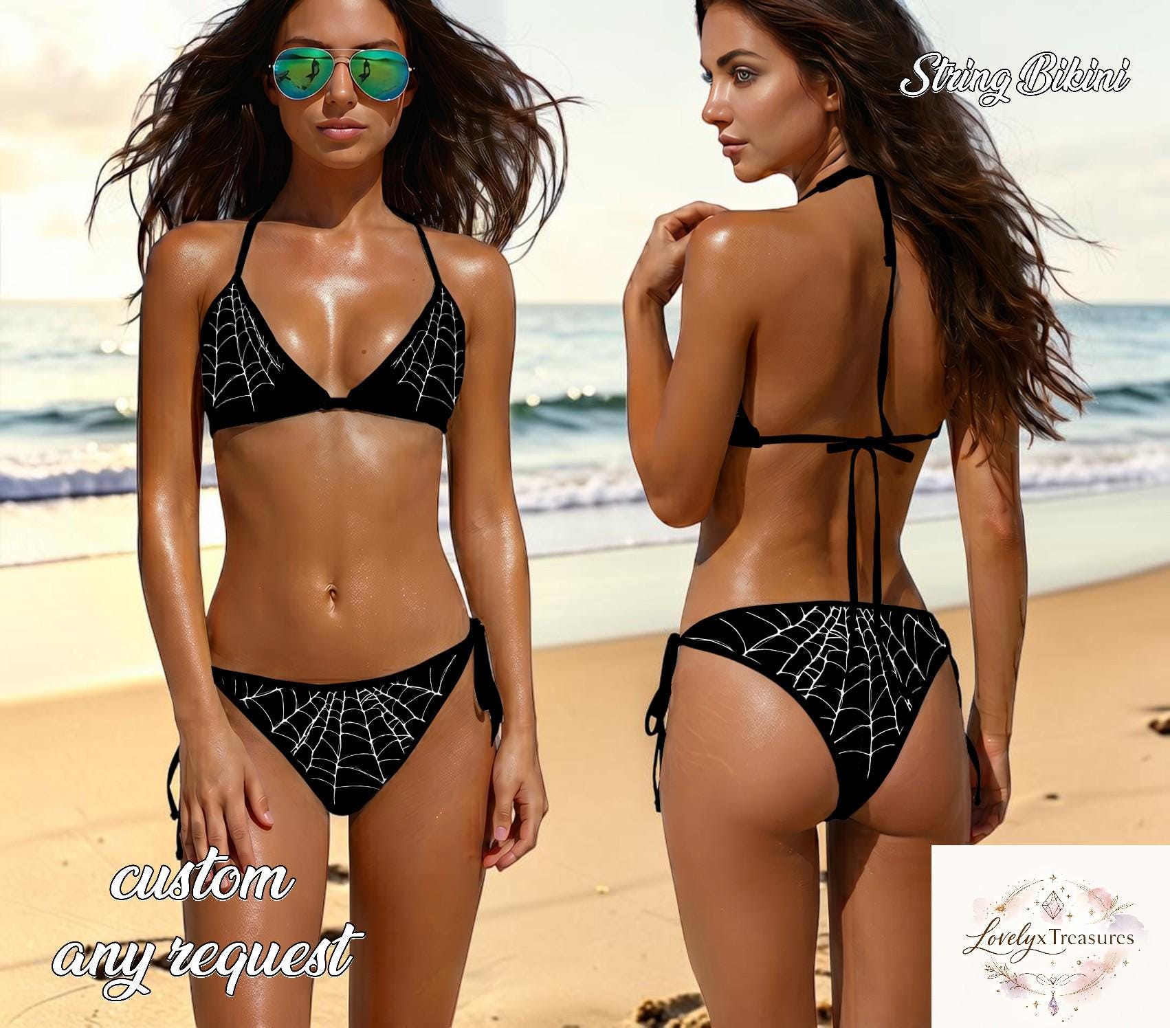 Minimal Spider Web Bikini, Black Aesthetic String Bikini Set, Triangle Tie Side Swimsuit, Goth Summer Beachwear