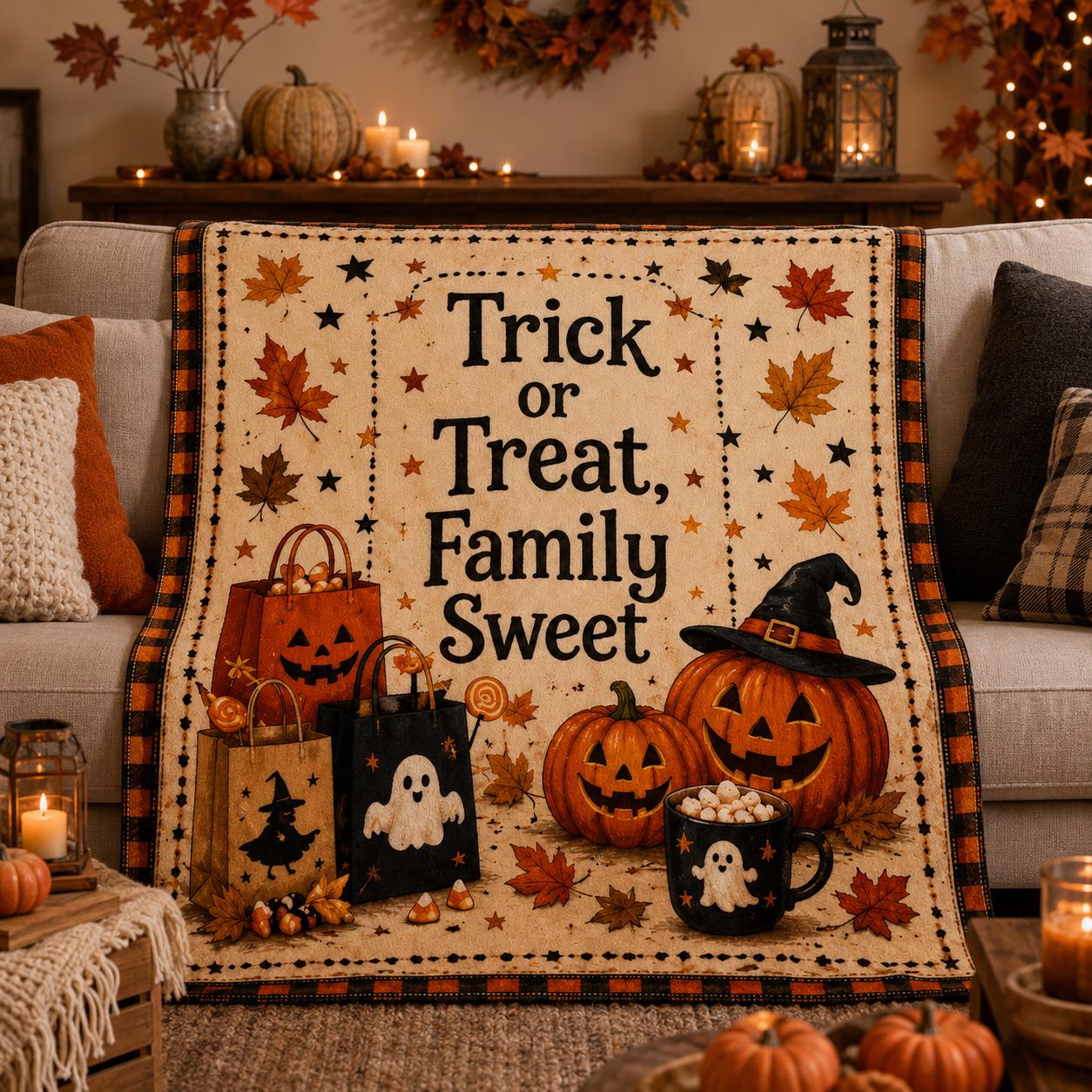 Halloween Quilt Blanket, Trick or Treat, Pumpkin, Cozy Fall Blanket, Autumn Home Decor
