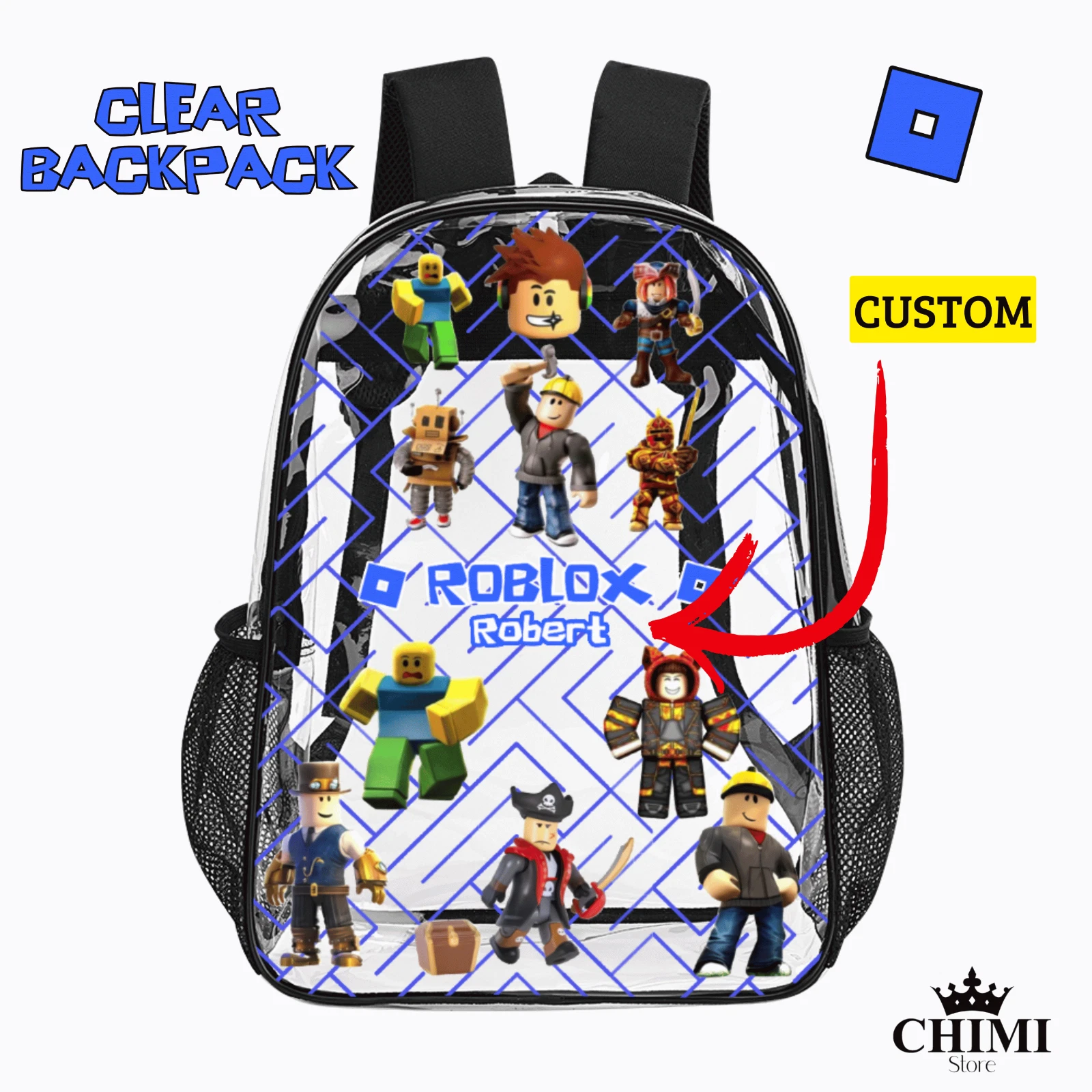 Custom Clear Roblox Backpack for Kids – Blue Logo & Name –Personalized