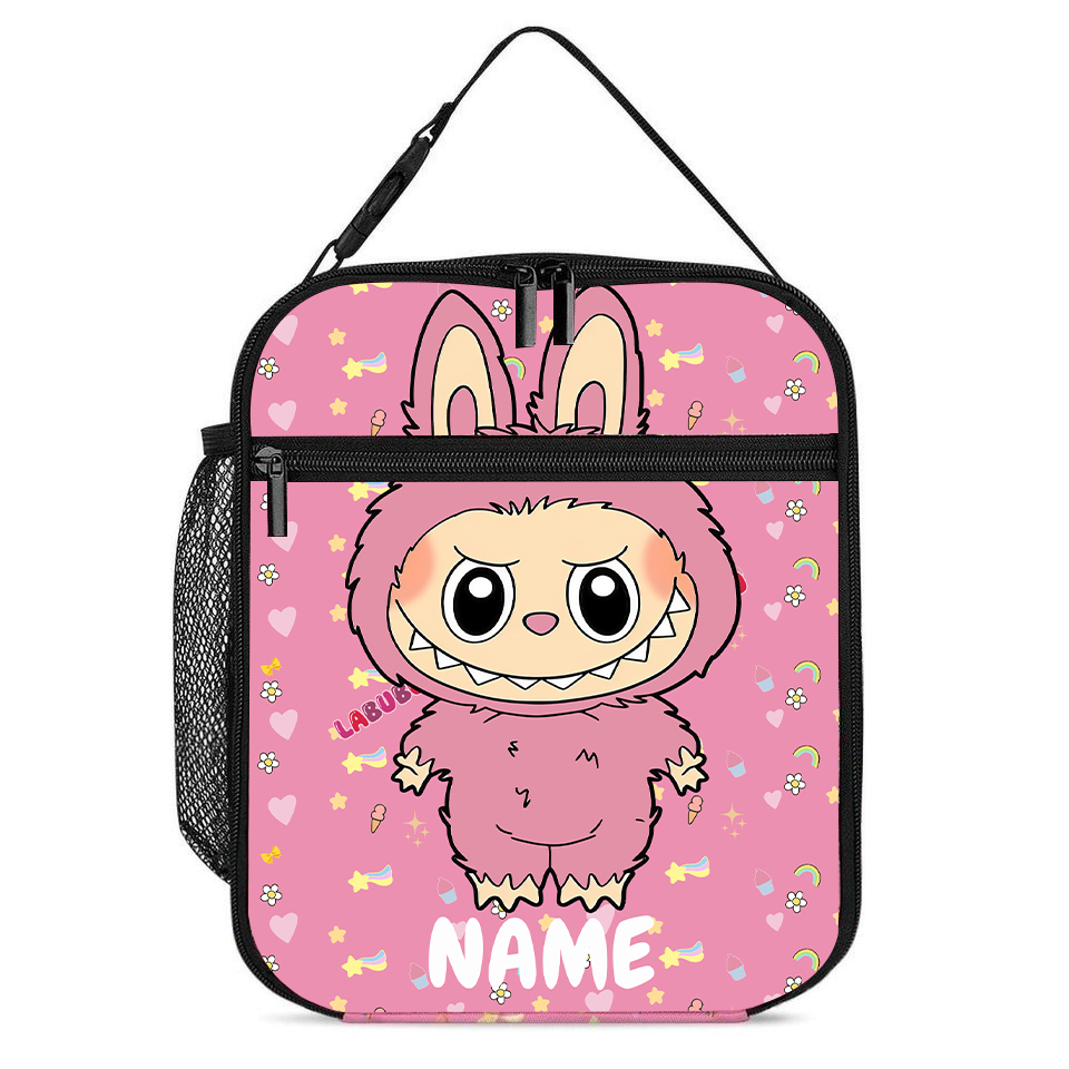 Personalized Pink Labubu Lunch Bag, Custom Name Insulated Lunch Tote, Back To School Accessories, Kids and Adult Snack Bag