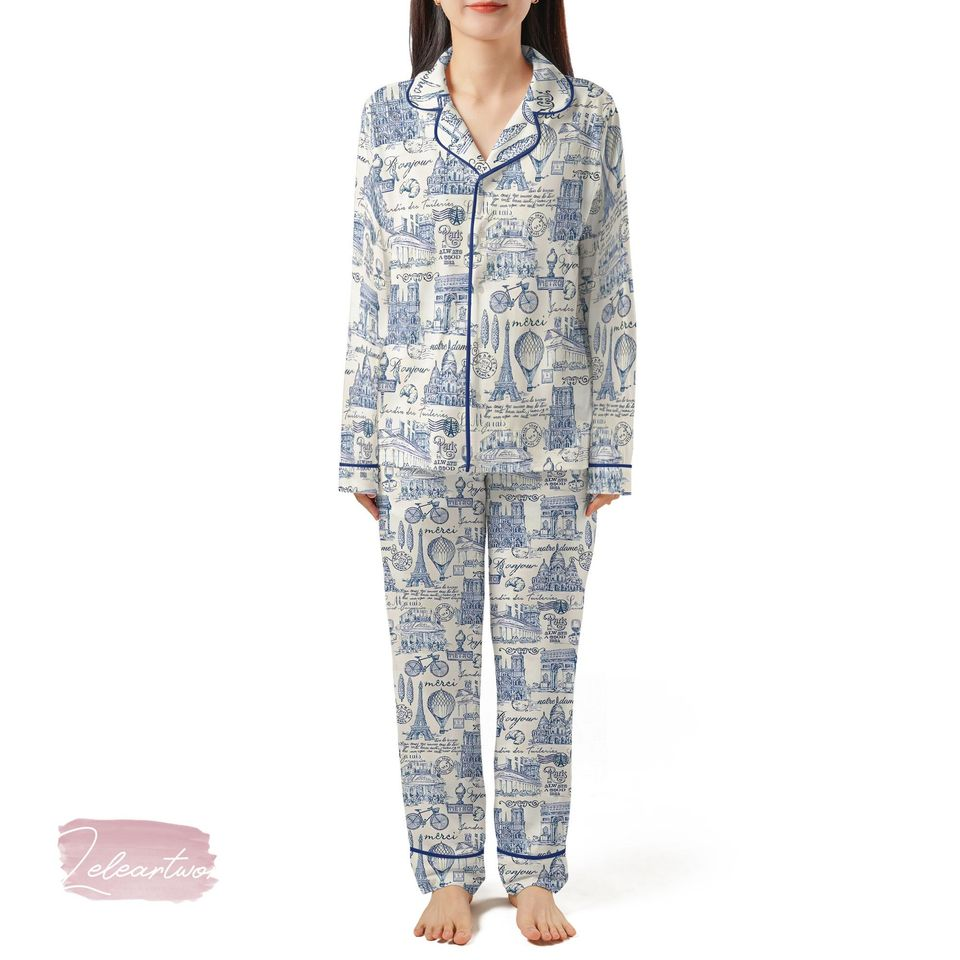 Paris Merci Vintage Set | Silky Satin Pajama Set for Women | French Toile Sleepwear | Blue Paris Print Lounge Set | Gift for Francophiles