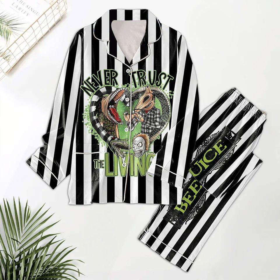 Beetle Juice Never Trust The Living Pajamas Set, Christmas Pajamas, Family Christmas Pajamas, Family Holiday Pajamas